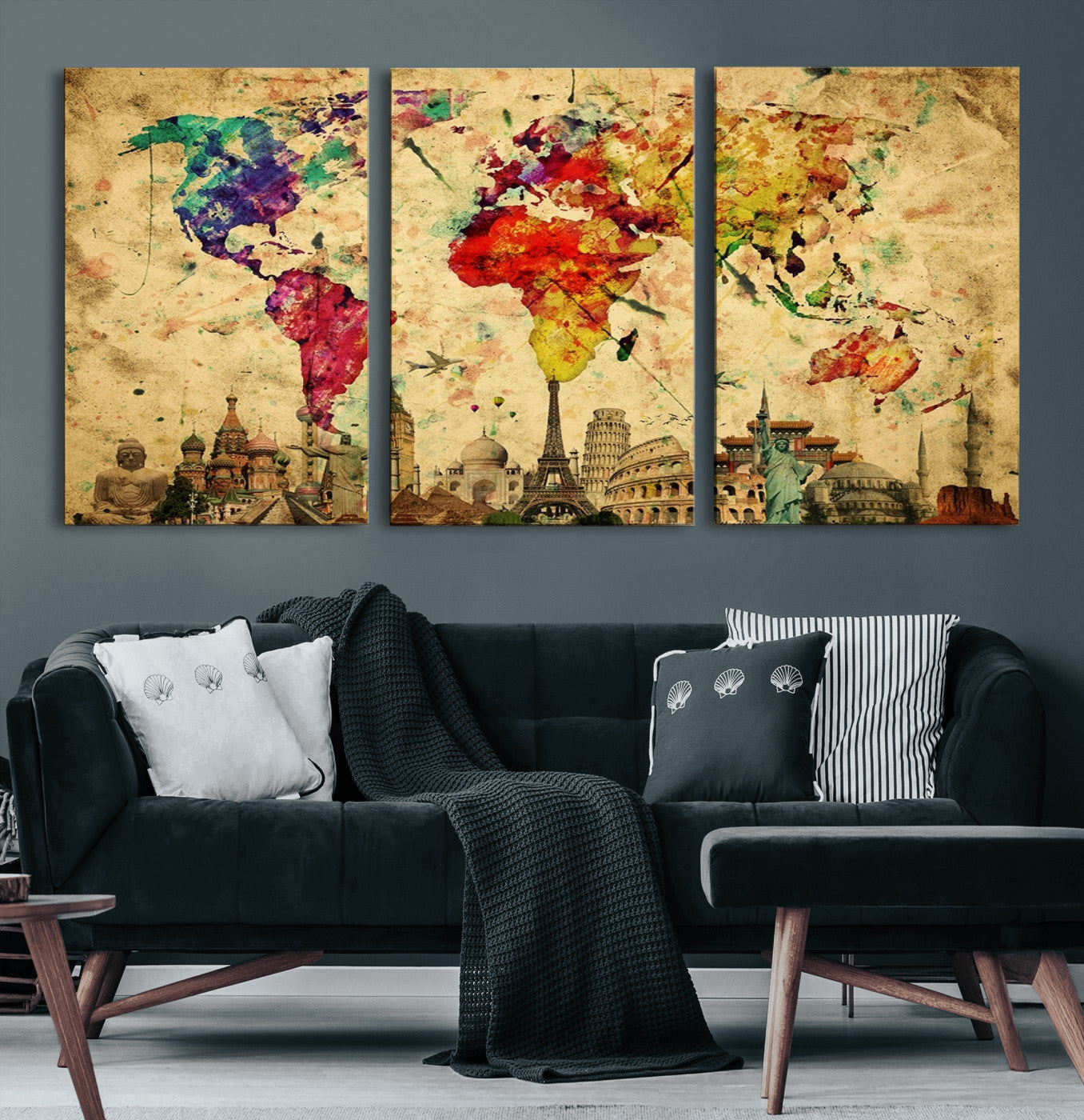 24467-MGV-CV-60X30-3P-Colorful Watercolor World Map Canvas Wall Art – Framed Landmark Travel Map Print, Vibrant Global Artwork for Home and Office Decor