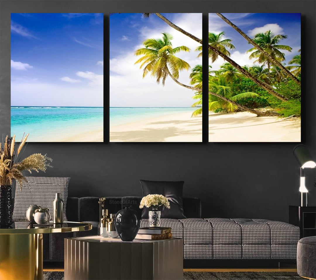 Tropical Beach Canvas: Palm Trees & White Sand Shore Decor, Vibrant Coastal Print, Ready to Hang.