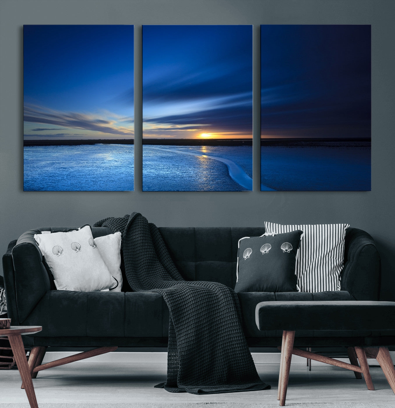 MGV-CV-60X30-3P - Blue Sunset Ocean Canvas Wall Art Print – Serene Coastal Horizon Wall Decor for Home or Office –