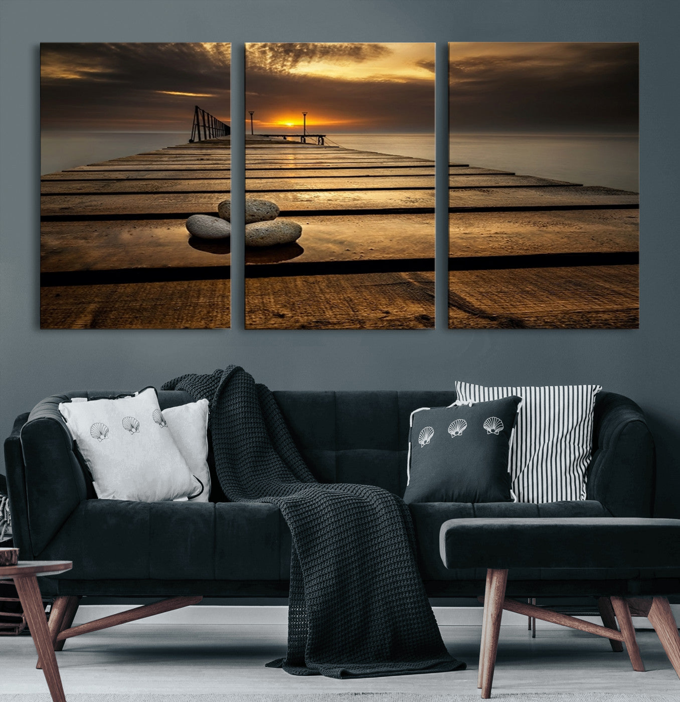 MGV-CV-60X30-3P - Stones on Wooden Pier at Sunset Canvas Print, Serene Coastal Wall Art, Beach Sunset Photography,