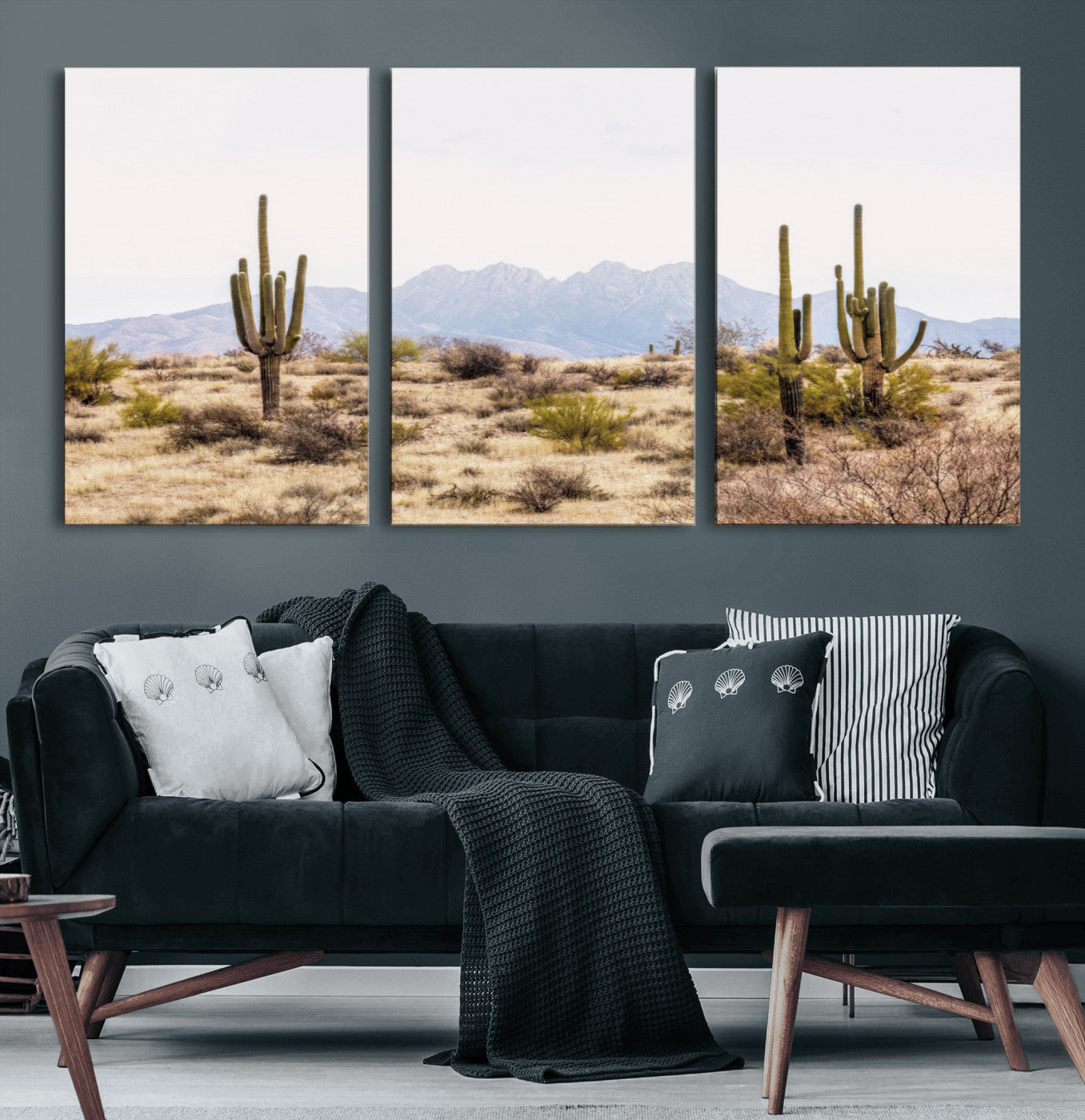 97436-MGV-CV-60X30-3P-Desert Cactus Canvas Wall Art – Serene Southwestern Arizona Landscape with Majestic Mountains -