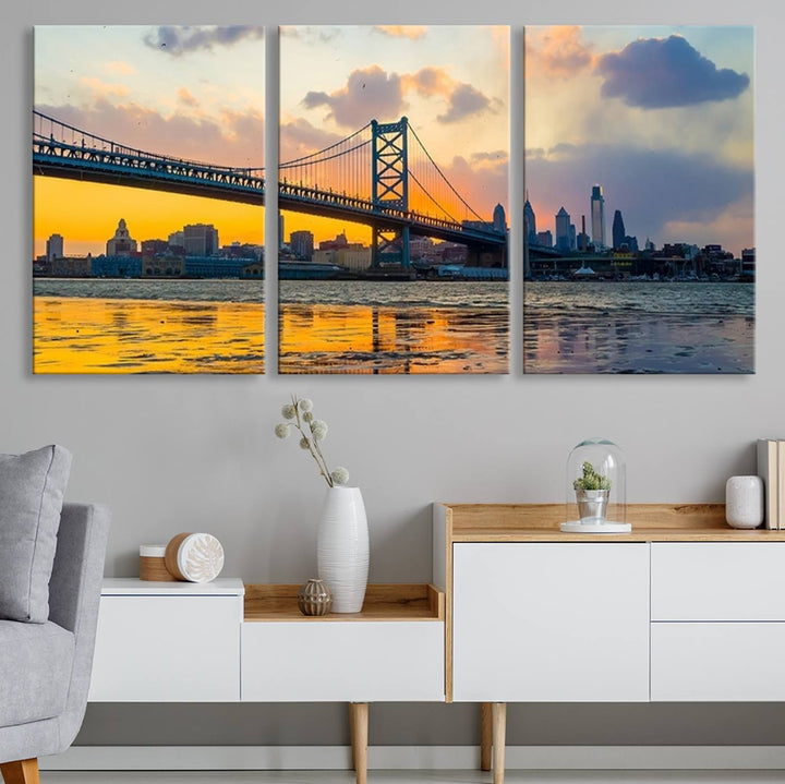 Ben Franklin Bridge Wall Art Print – Philadelphia Skyline Sunset Canvas Wall Art Canvas Print – Giclee City for Dining Room, Office or Living Room