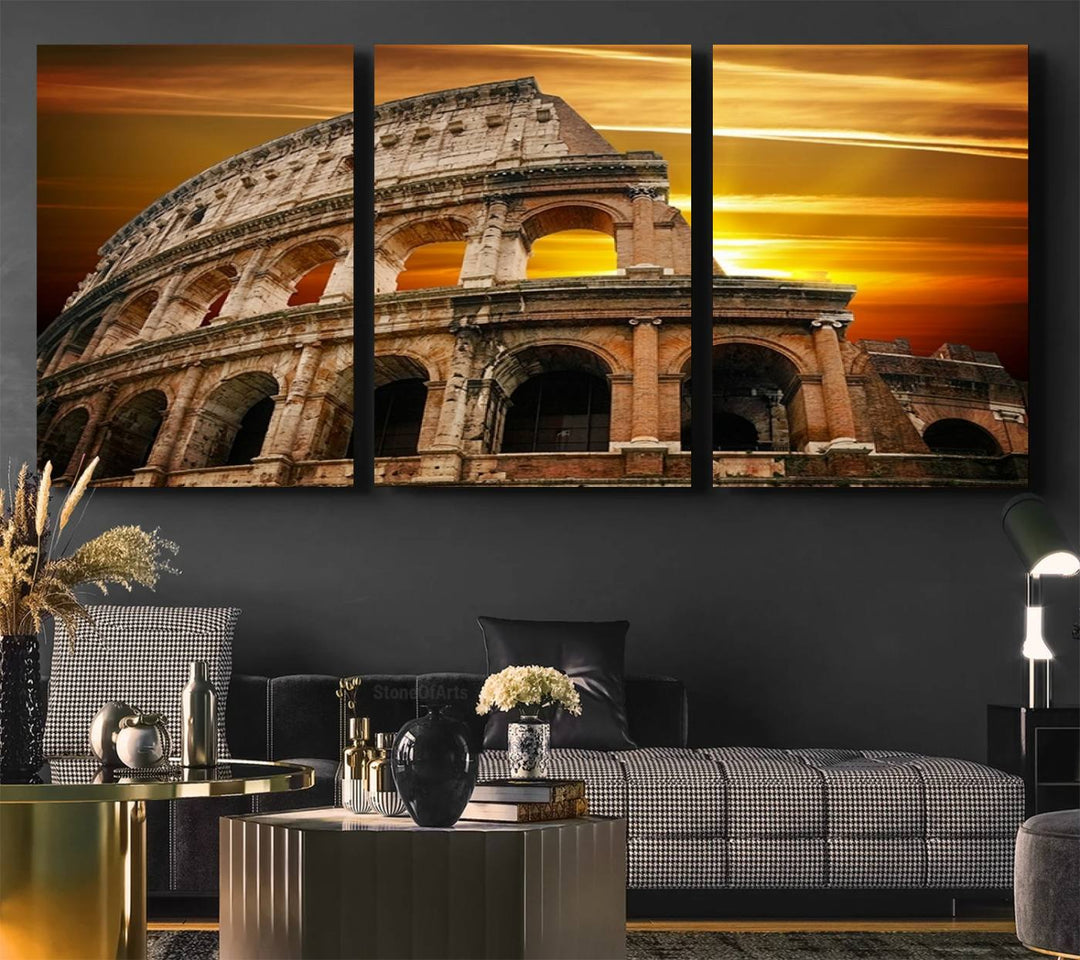 On the wall, theres a piece of art titled Colosseum with Yellow Sunset Behind, Italy.