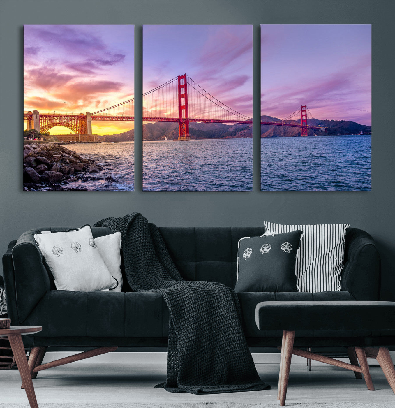 MGV-CV-60X30-3P - Golden Gate Bridge Wall Art Print, San Francisco Sunset Canvas Wall Art, Cityscape Canvas Print for