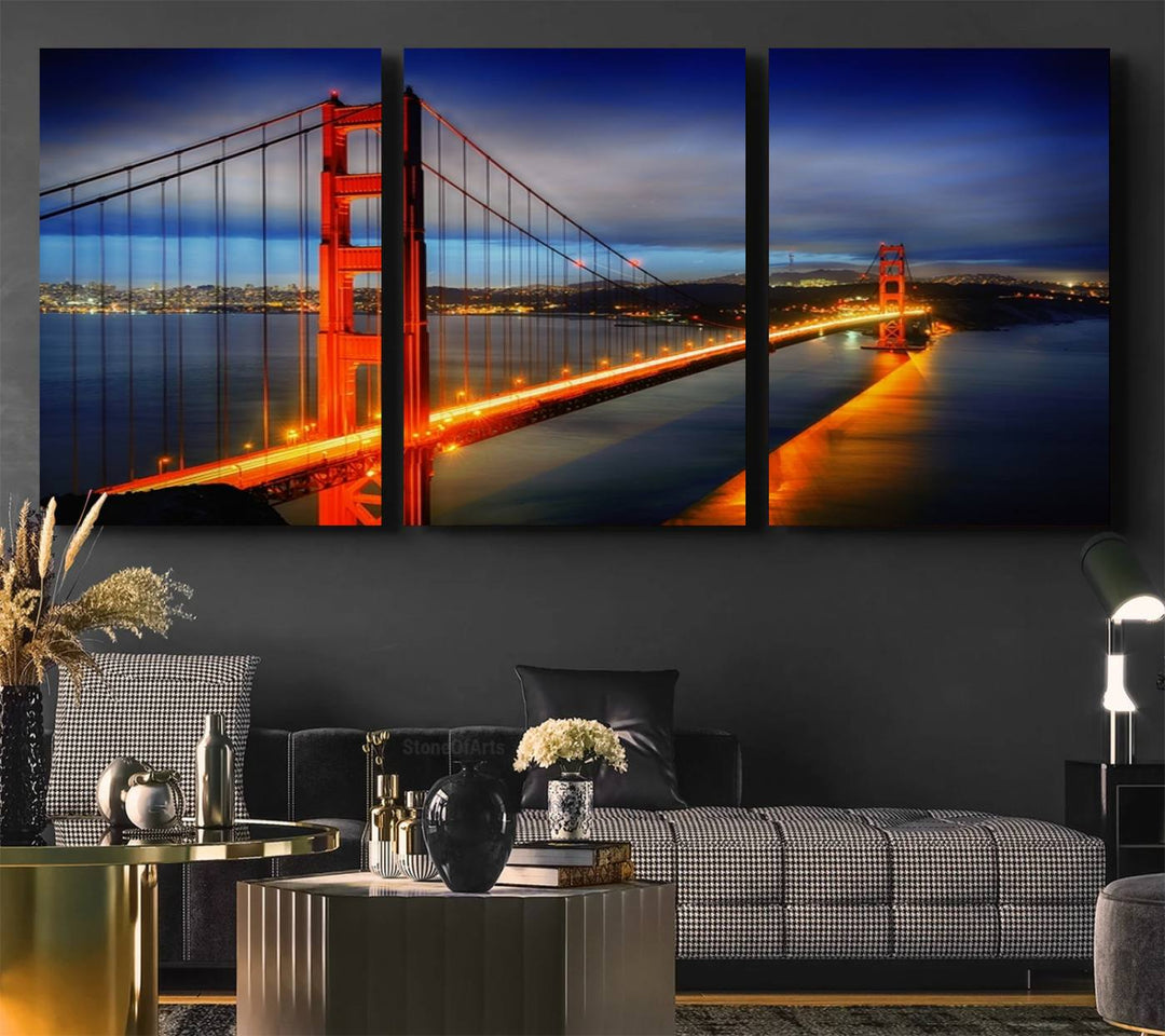 The living room features a large San Francisco canvas art piece—a stunning triptych of the Golden Gate Bridge at twilight, known as the "Large Wall Art San Francisco Canvas Print - Wonderful Golden Gate Bridge at Twilight.