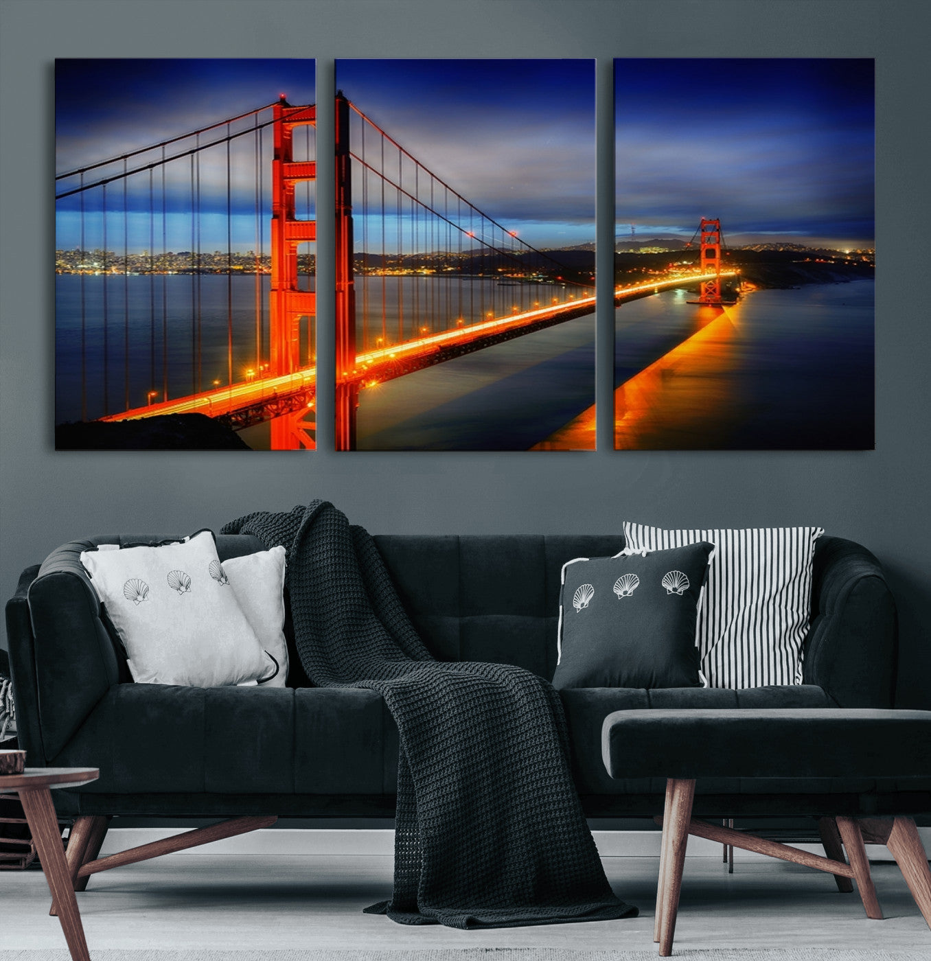 MGV-CV-60X30-3P - Large Wall Art San Francisco Canvas Print - Wonderful Golden Gate Bridge at Twilight