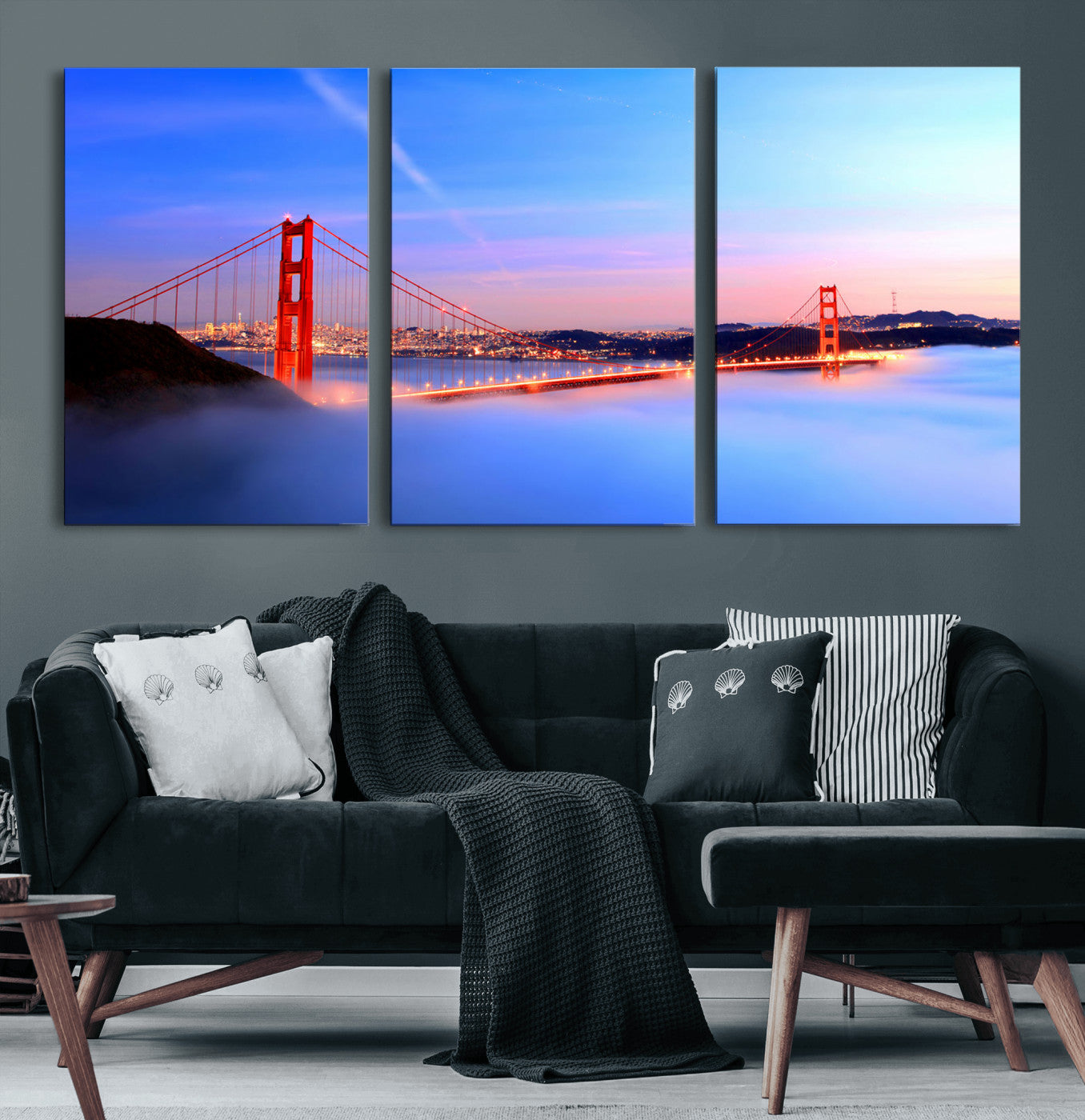 MGV-CV-60X30-3P - Golden Gate Bridge Wall Art Print, San Francisco Sunset Canvas Wall Art, Cityscape Canvas Print for
