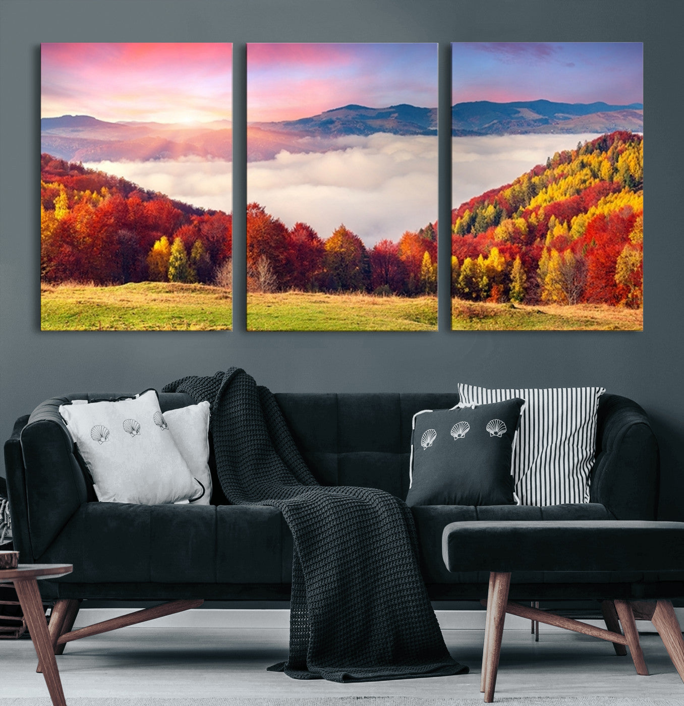 15394-MGV-CV-60X30-3P-Autumn Mountain Foggy Landscape Wall Art Canvas Print | Beautiful Forest Canvas Print | Misty