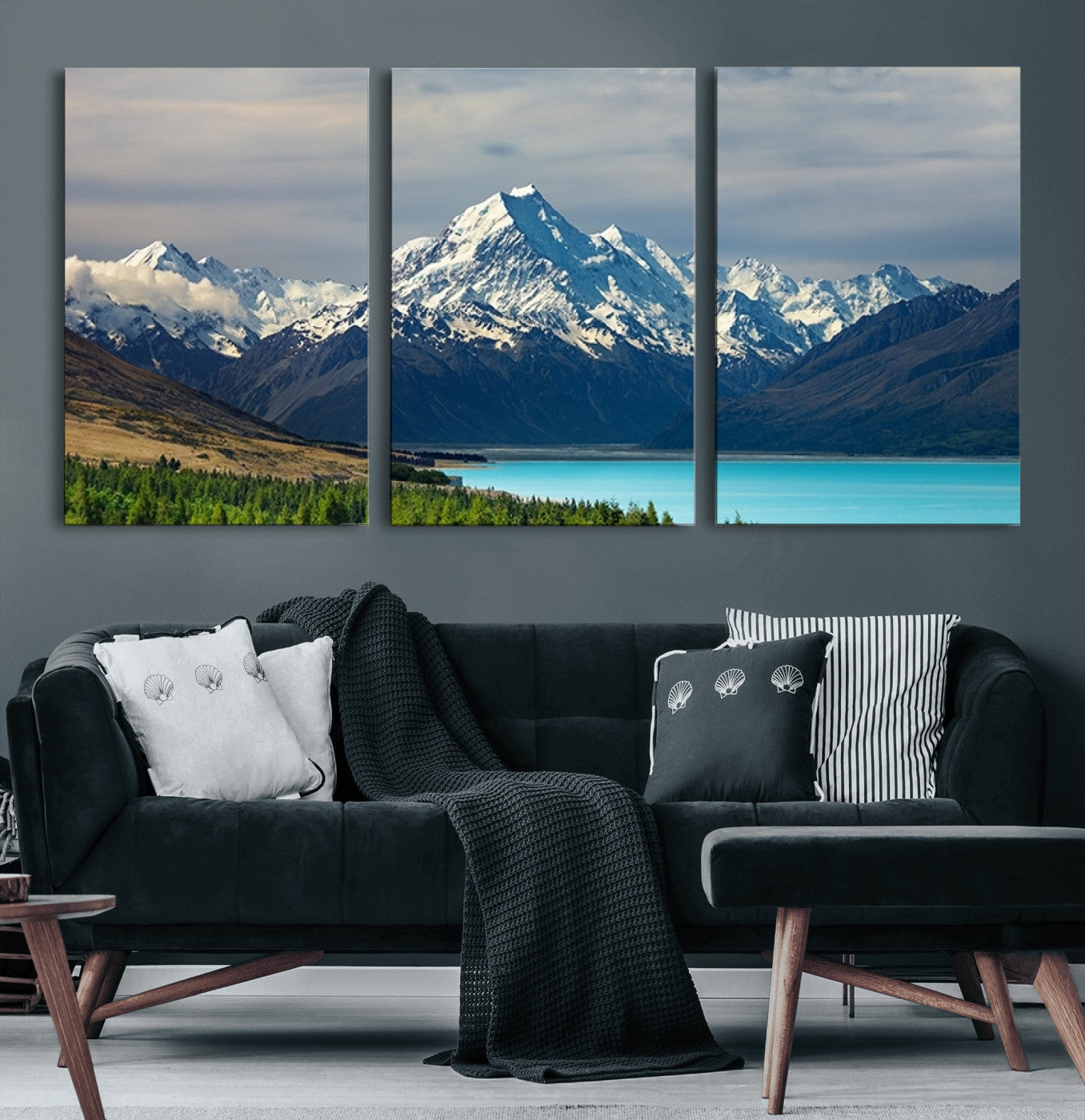 MGV-CV-60X30-3P - Mount Cook and Lake Pukaki Canvas Wall Art Print – Majestic Snow-Capped Peaks and Serene Lake Wall