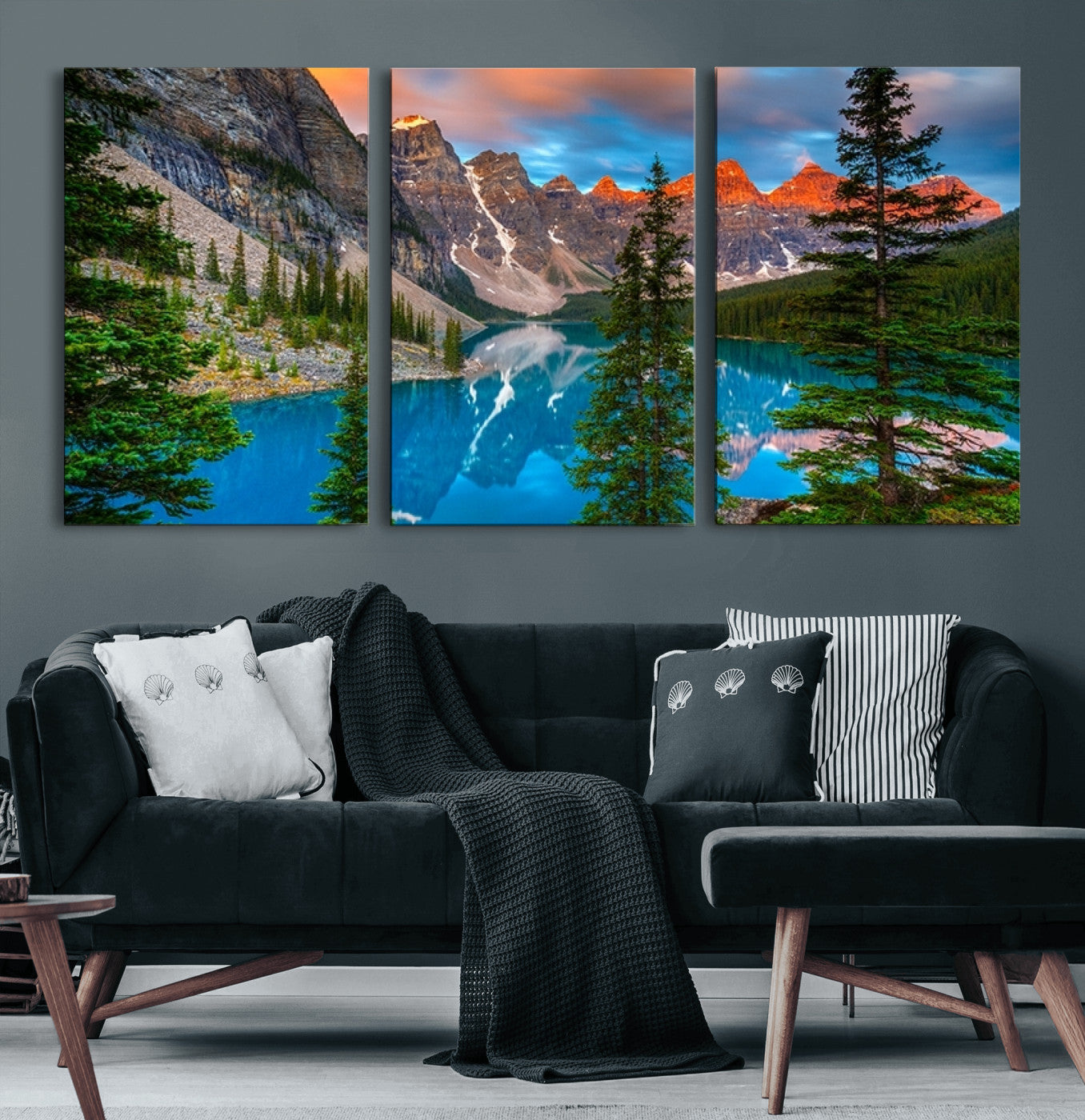 29782-MGV-CV-60X30-3P-Canadian Rockies Moraine Lake Wall Art Canvas Print, Pine Trees Mountain Spring Canvas Print
