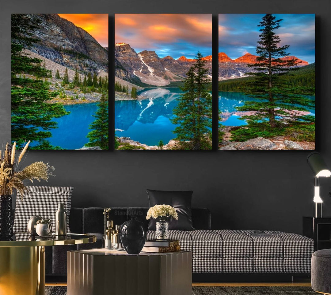 A kitchen featuring a Canadian Rockies Moraine Lake Wall Art Canvas Print displayed on the wall.