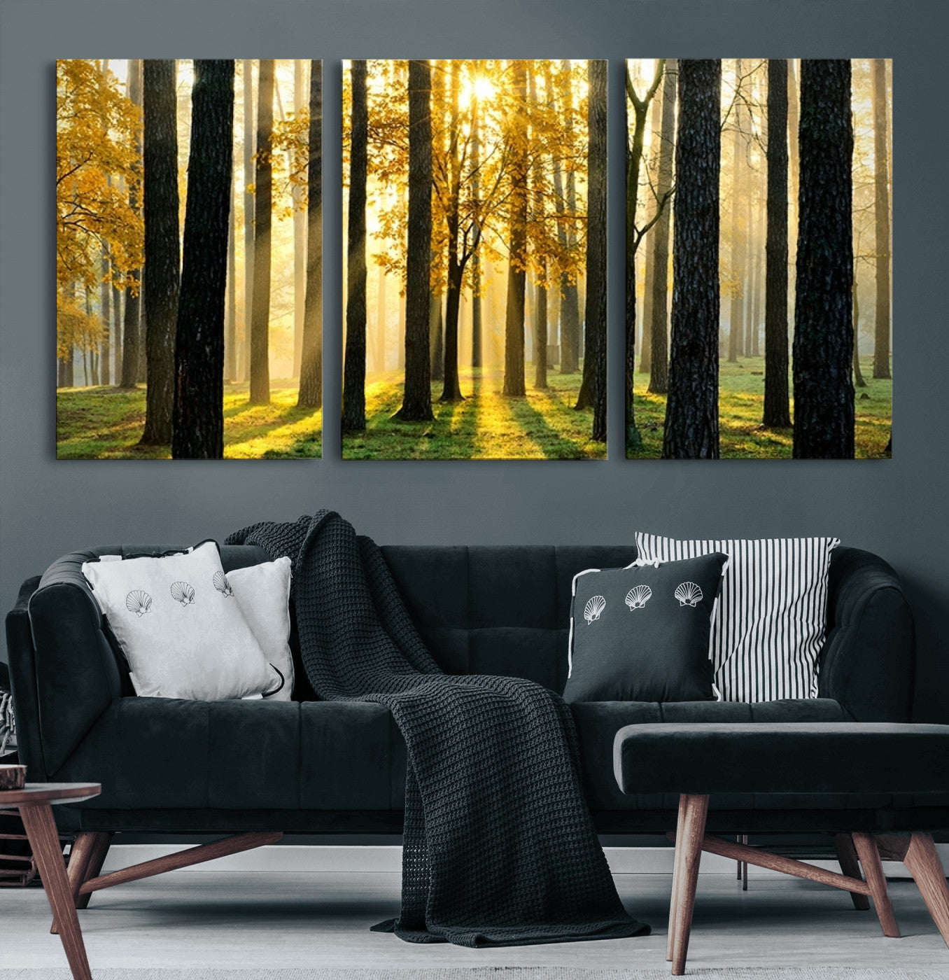 60024-MGV-CV-60X30-3P-Sunlit Forest Canvas Wall Art – Serene Woodland Triptych Landscape Print – Nature-Inspired Decor for
