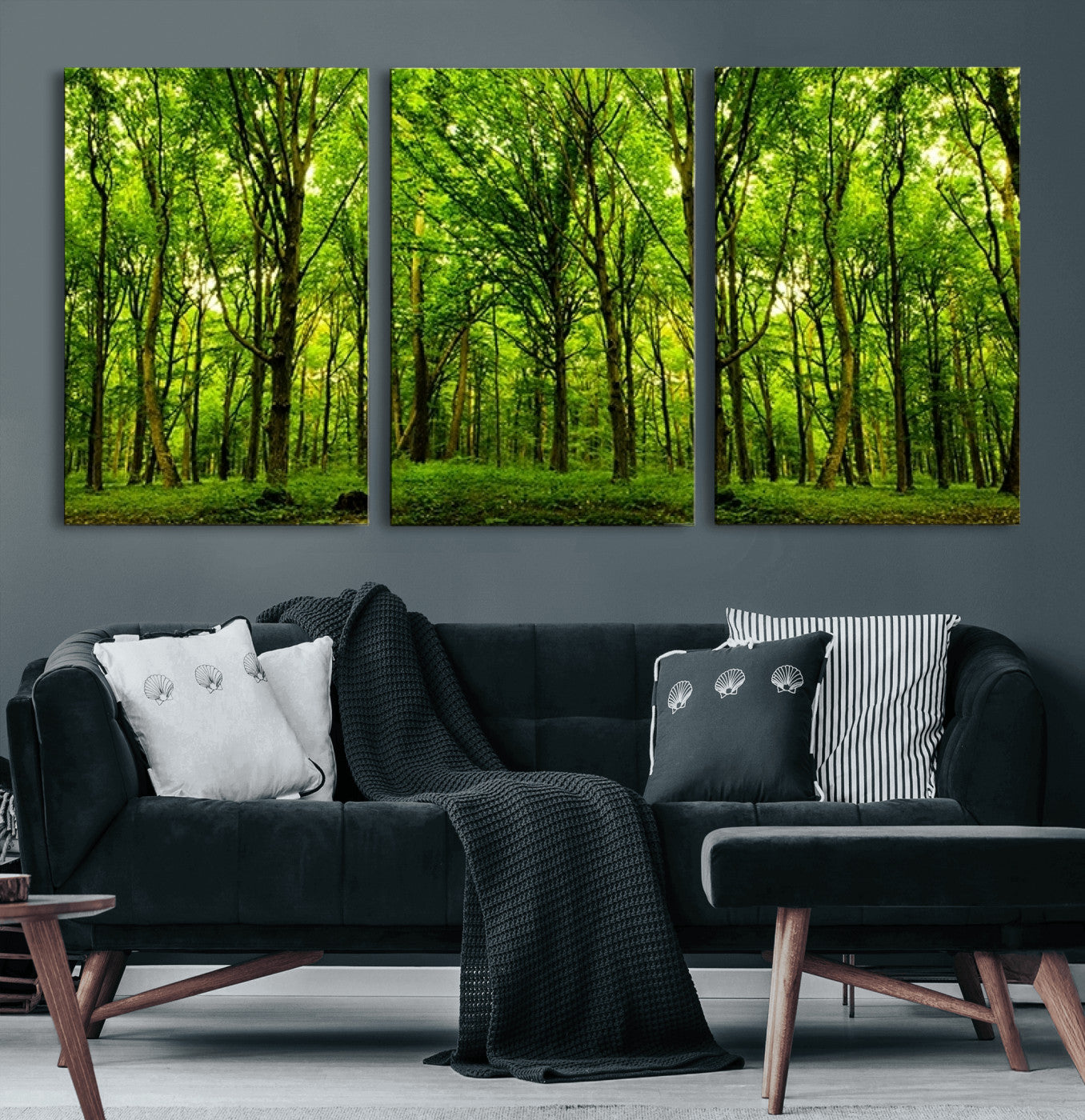 10744-MGV-CV-60X30-3P-Lush Green Forest Canvas Print | 3-Panel Forest Wall Art | Nature Landscape for Living Room