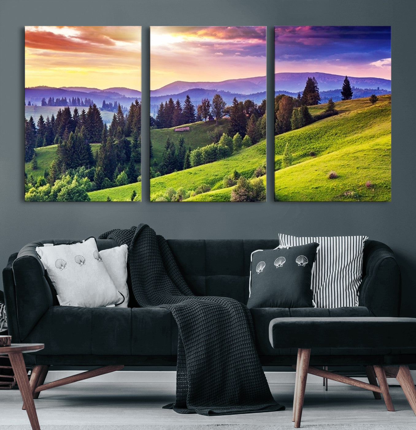 34314-MGV-CV-60X30-3P-Green Hills and Sunset Wall Art Print - Scenic Landscape with Lush Greenery and Vibrant Sky, Ready