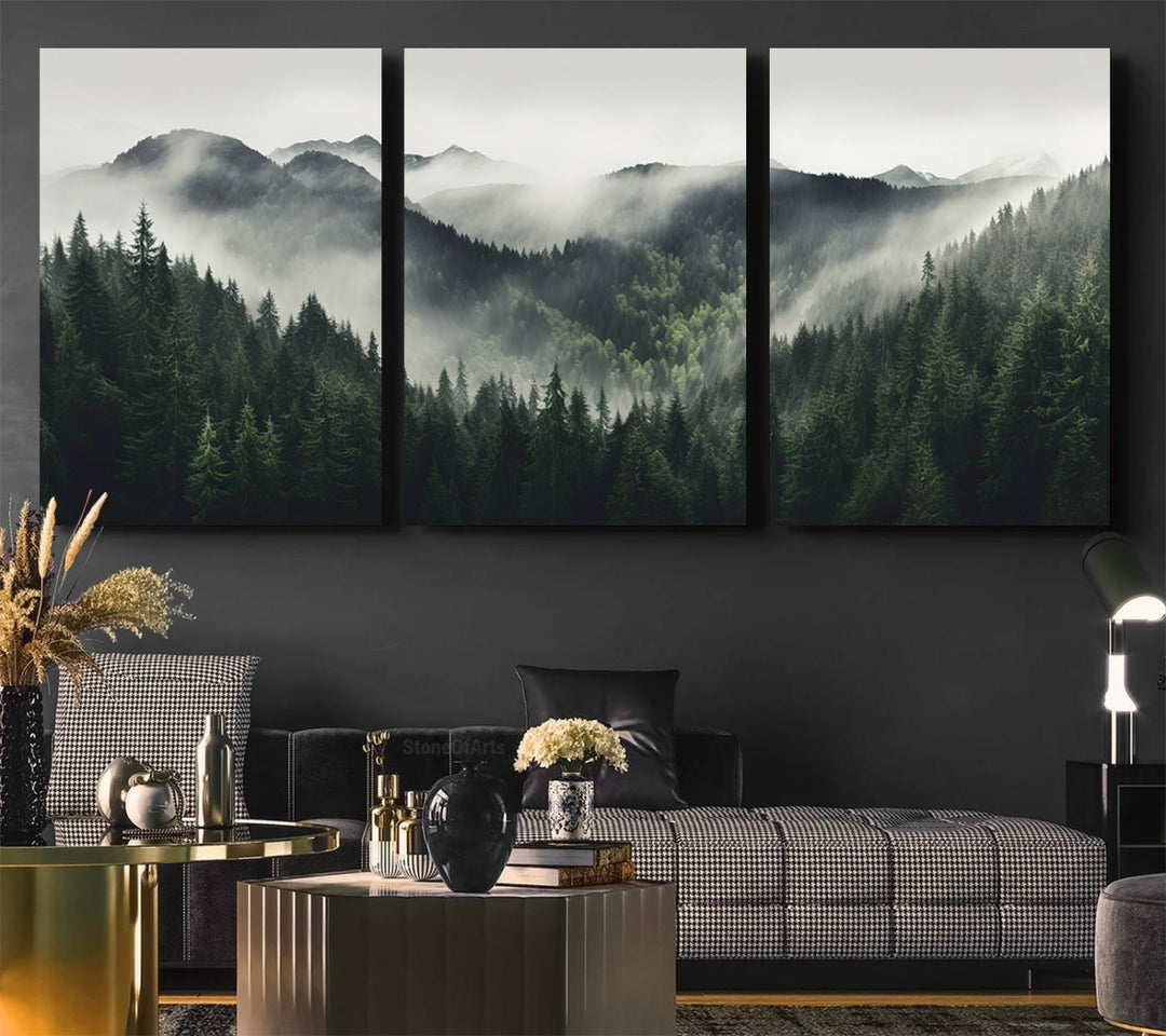 Serene and mystical landscape of misty mountains and dense evergreens, ideal for a Misty Mountain Forest Canvas Wall Art Print.