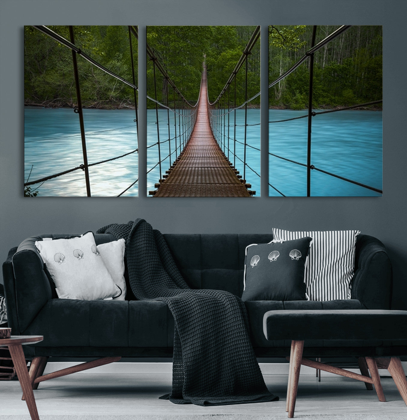 70229-MGV-CV-60X30-3P-Suspension Bridge Over River Canvas Art | 3-Panel Nature Photography | Scenic Wall Art for Living
