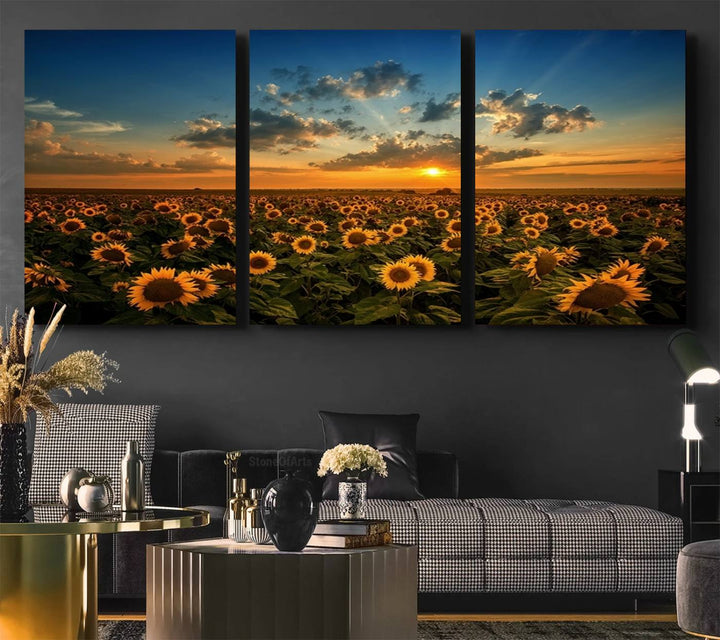 The dining area features the Sunflower Field Sunset Wall Art Canvas Print.