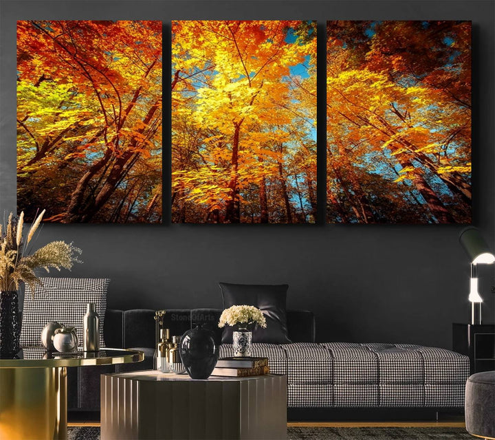 Forest View at Fall Wall Art hangs prominently, showcasing its beauty.