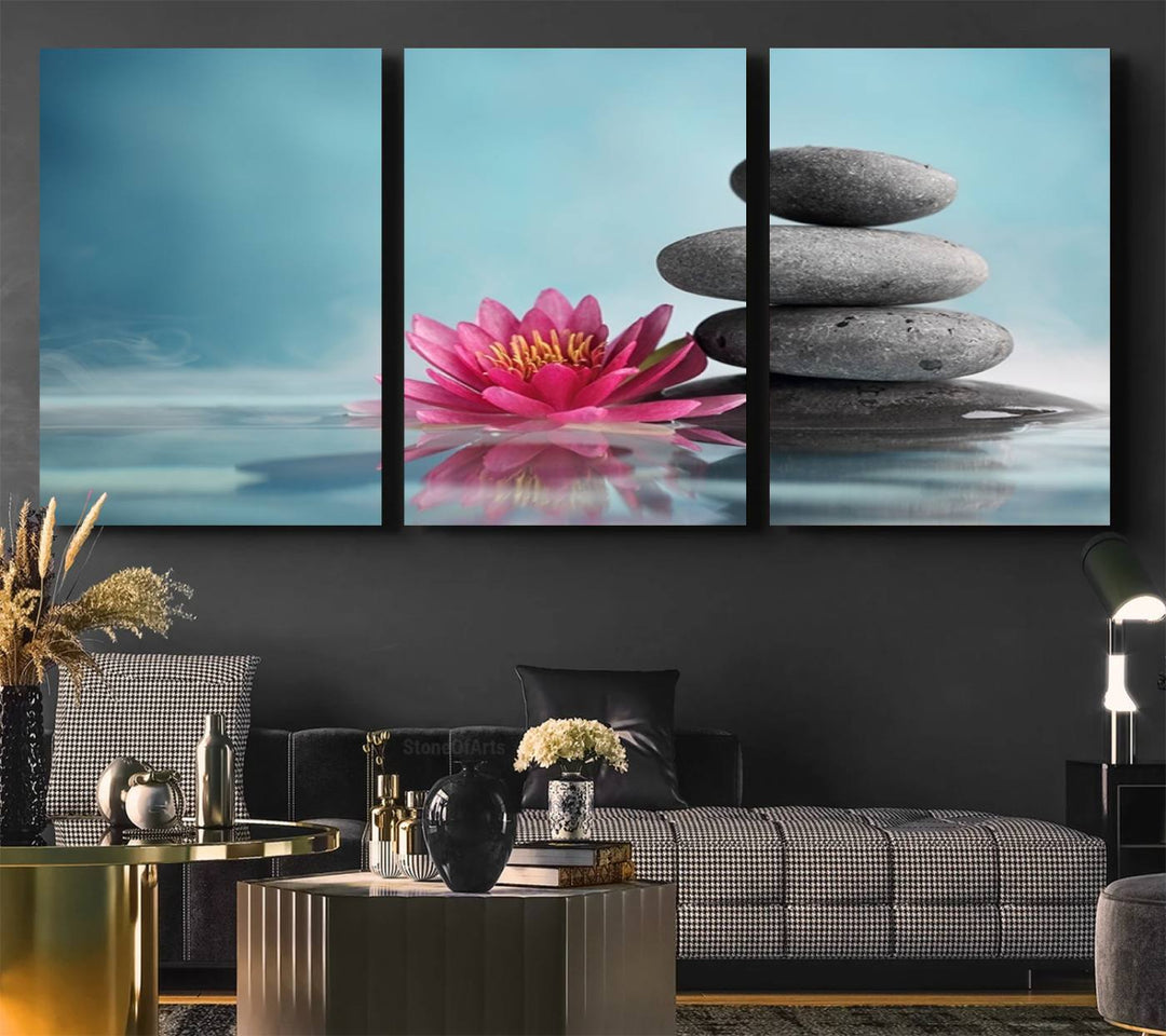 The dining room features a Zen Serenity Triptych wall art, showcasing a calming depiction of lotus flowers and balancing stones.