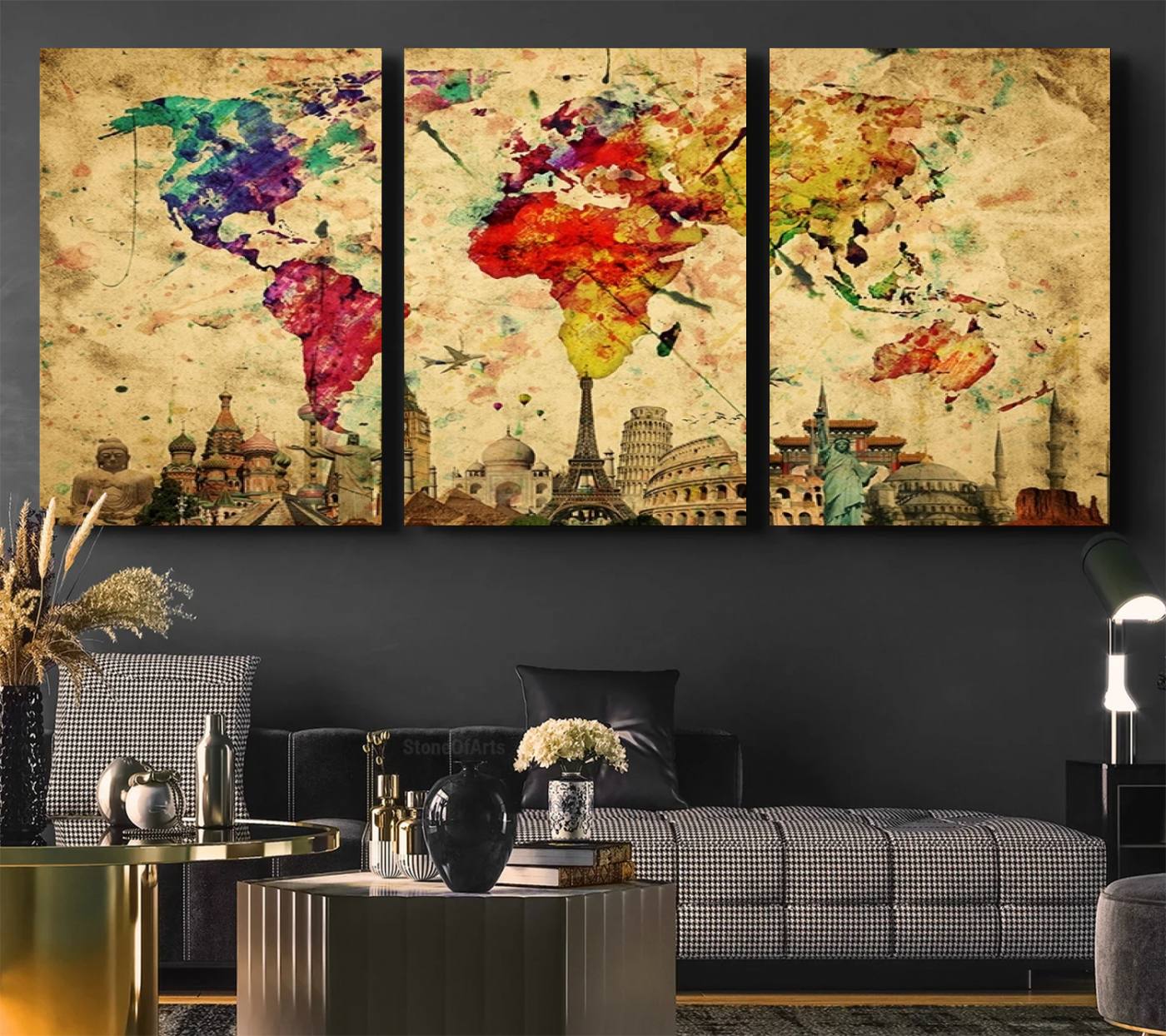 34595-MGV-CV-36X24-Push Pin World Map Canvas Print – Framed Travel Map Wall Art for Couples, Anniversary Gift, Modern Home or Office Decor