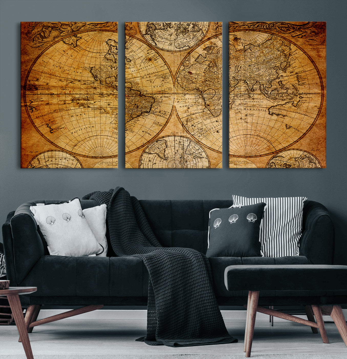 25517-MGV-CV-60X30-3P - Vintage World Map Canvas Print – Antique Push Pin Travel Map, Framed Wall Art for Home or Office Decor