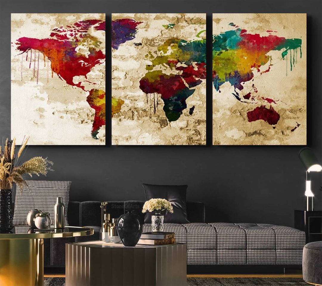 The Rainbow Colored Vintage World Map Canvas Print decorates the room.