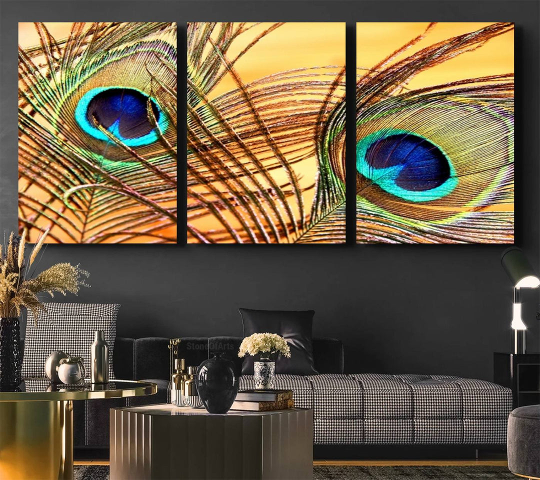 The room features vibrant peacock feather wall art.