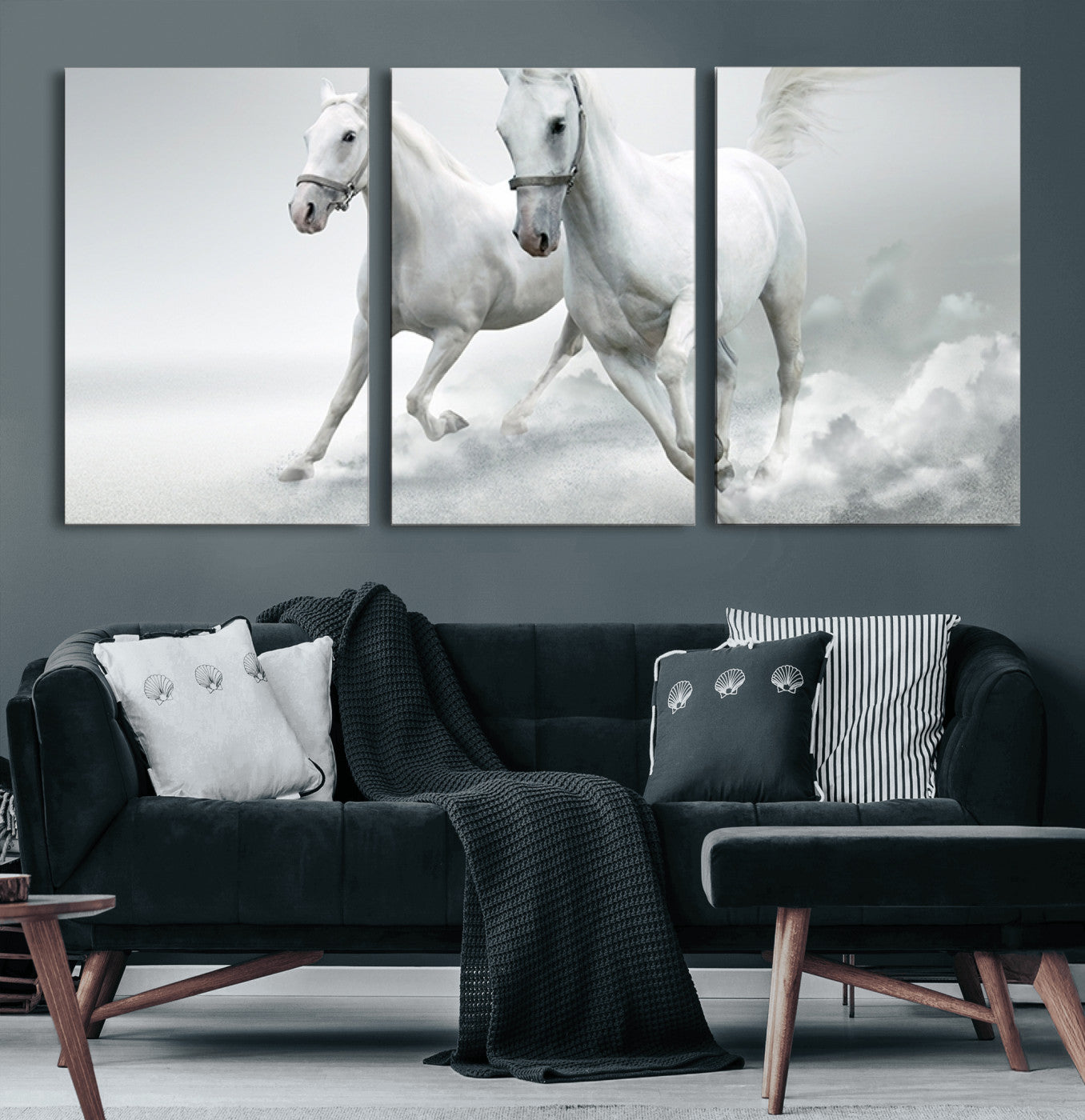 MGV-CV-60X30-3P - Large Wall Art Animal Canvas Print - Beautiful Running White Horses