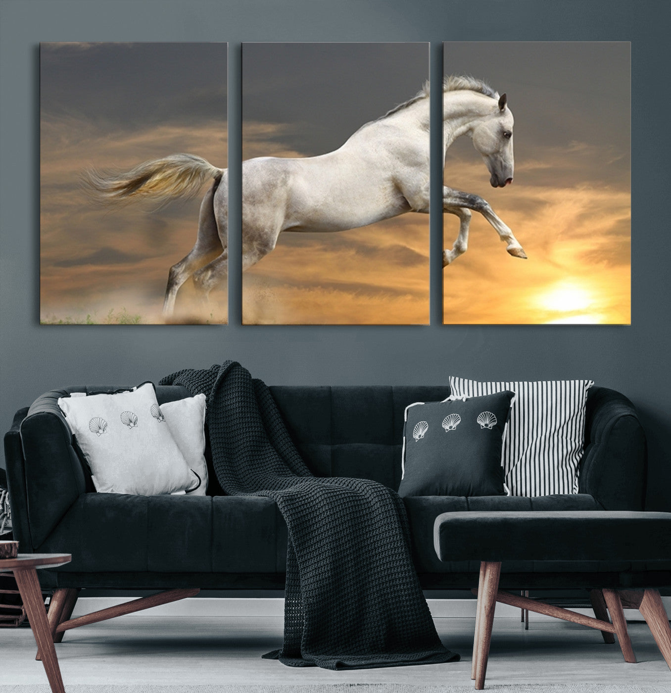 96845-MGV-CV-60X30-3P-Large Wall Art Canvas Print – White Jumping Horse Sunset Scene Animal Artwork for Home, Office, Living Room Decor