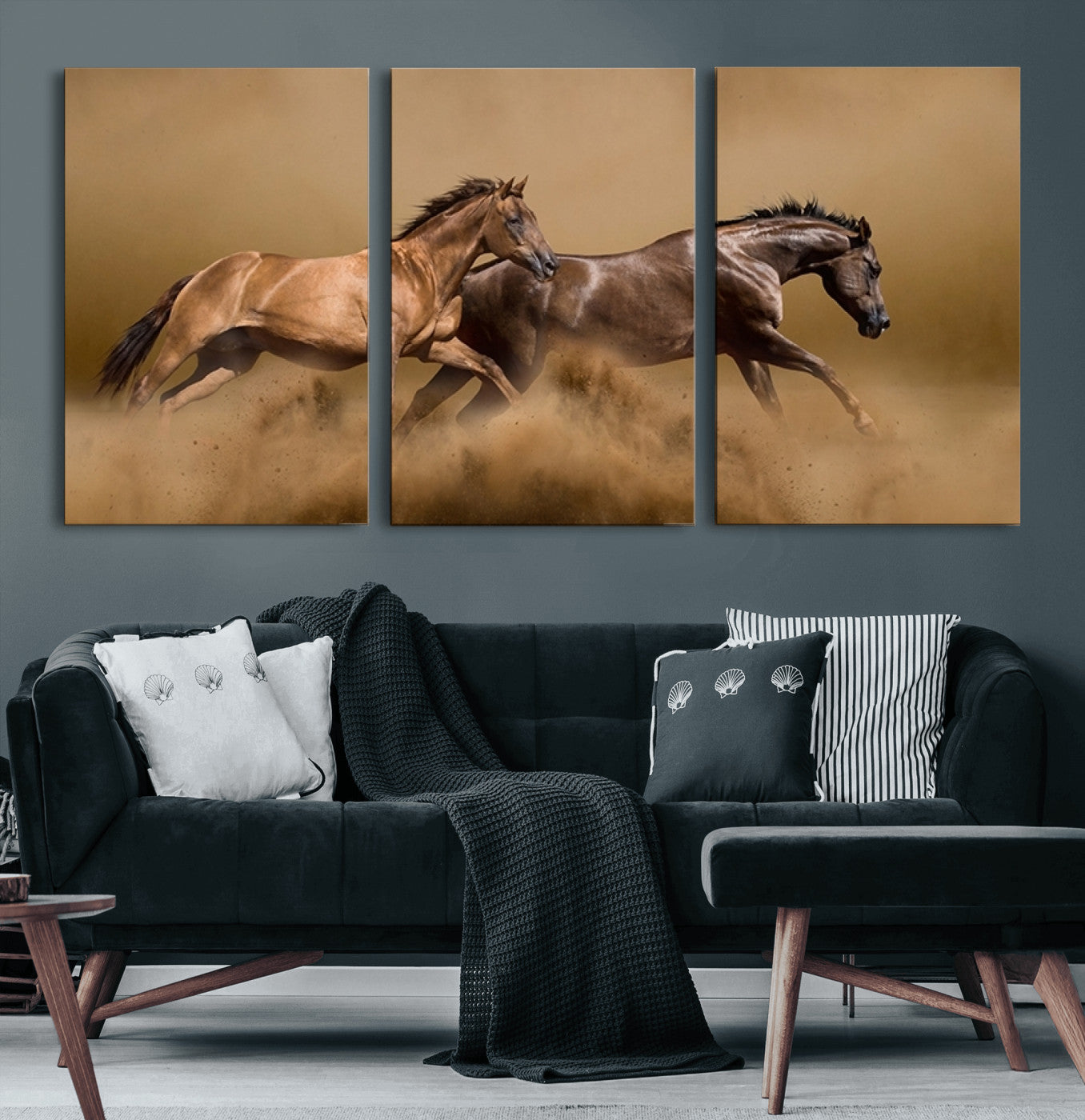 53721-MGV-CV-60X30-3P-Large Wall Art Canvas Print – Two Running Brown Horses Motion Animal Artwork for Home, Office, Living Room Decor