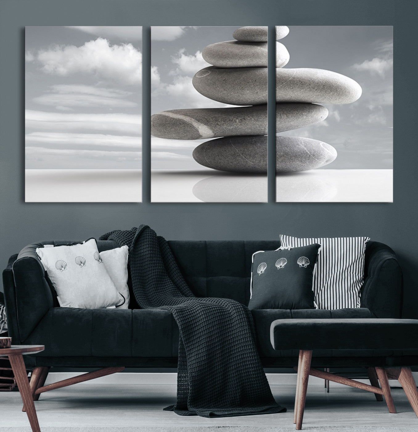 14496-MGV-CV-36X24-Still Life Black and White Zen Stones Wall Art Canvas, Framed Black and White Zen Stones Canvas