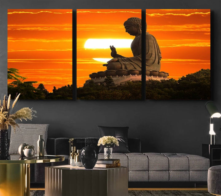 The Buddha Statue at Sunset canvas print adds serenity to the space.