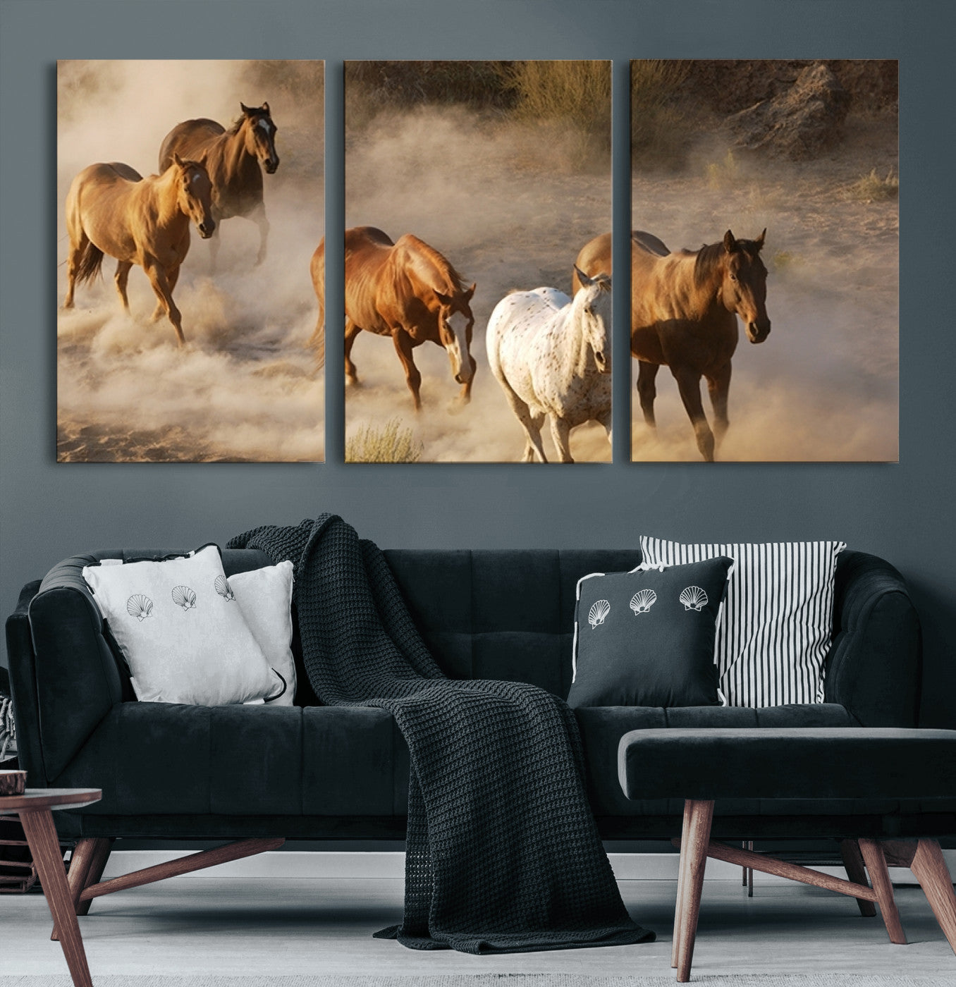 23809-MGV-CV-60X30-3P-Large Wall Art 5 Horses Running on Sand Canvas Print