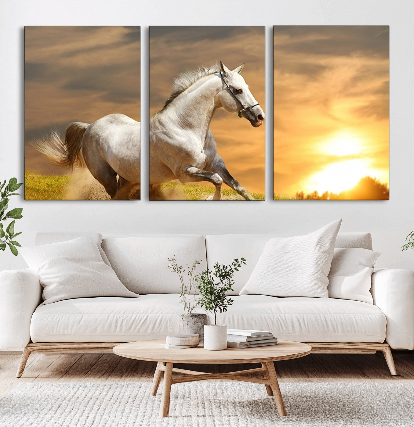 MGV-CV-60X30-3P - Large Wall Art Galloping White Horse at Sunset Canvas Print