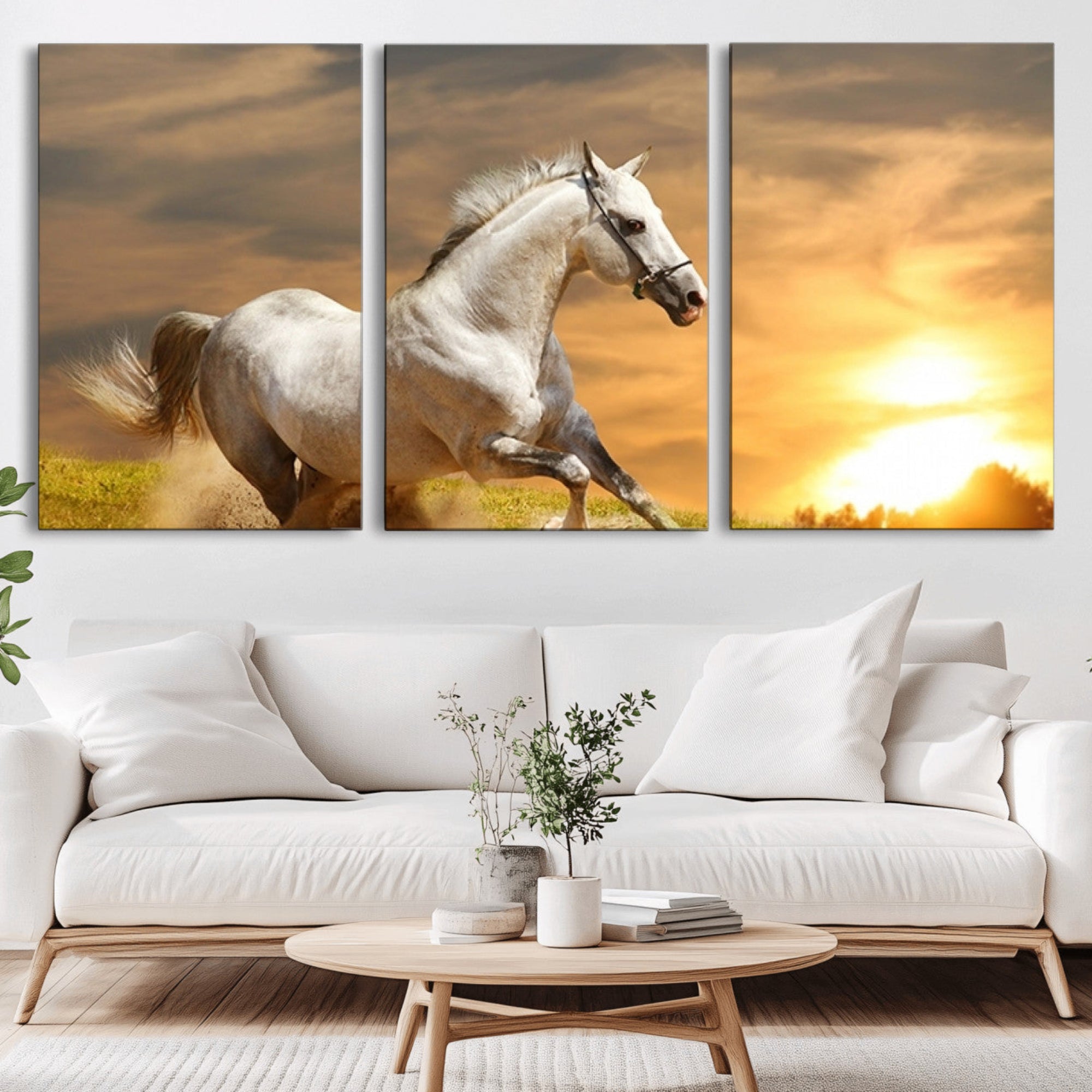 -Large Wall Art Galloping White Horse at Sunset Canvas Print
