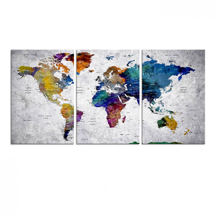 The World Map Art Canvas Print, featuring country names on a grunge-stained gray background, is perfect for stylish home decor.