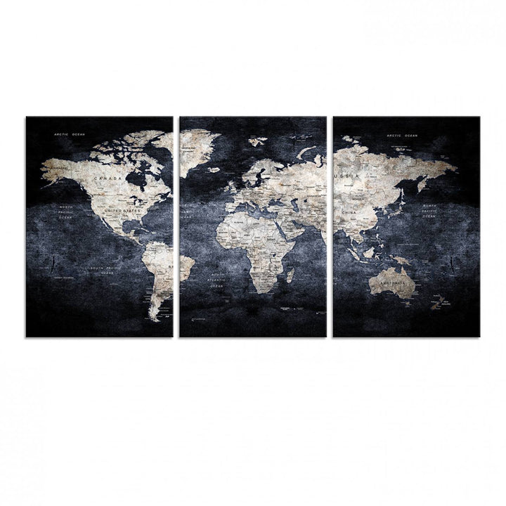 Rustic Black and Bronze World Map Canvas Triptych features white continents on a grunge-stained background.