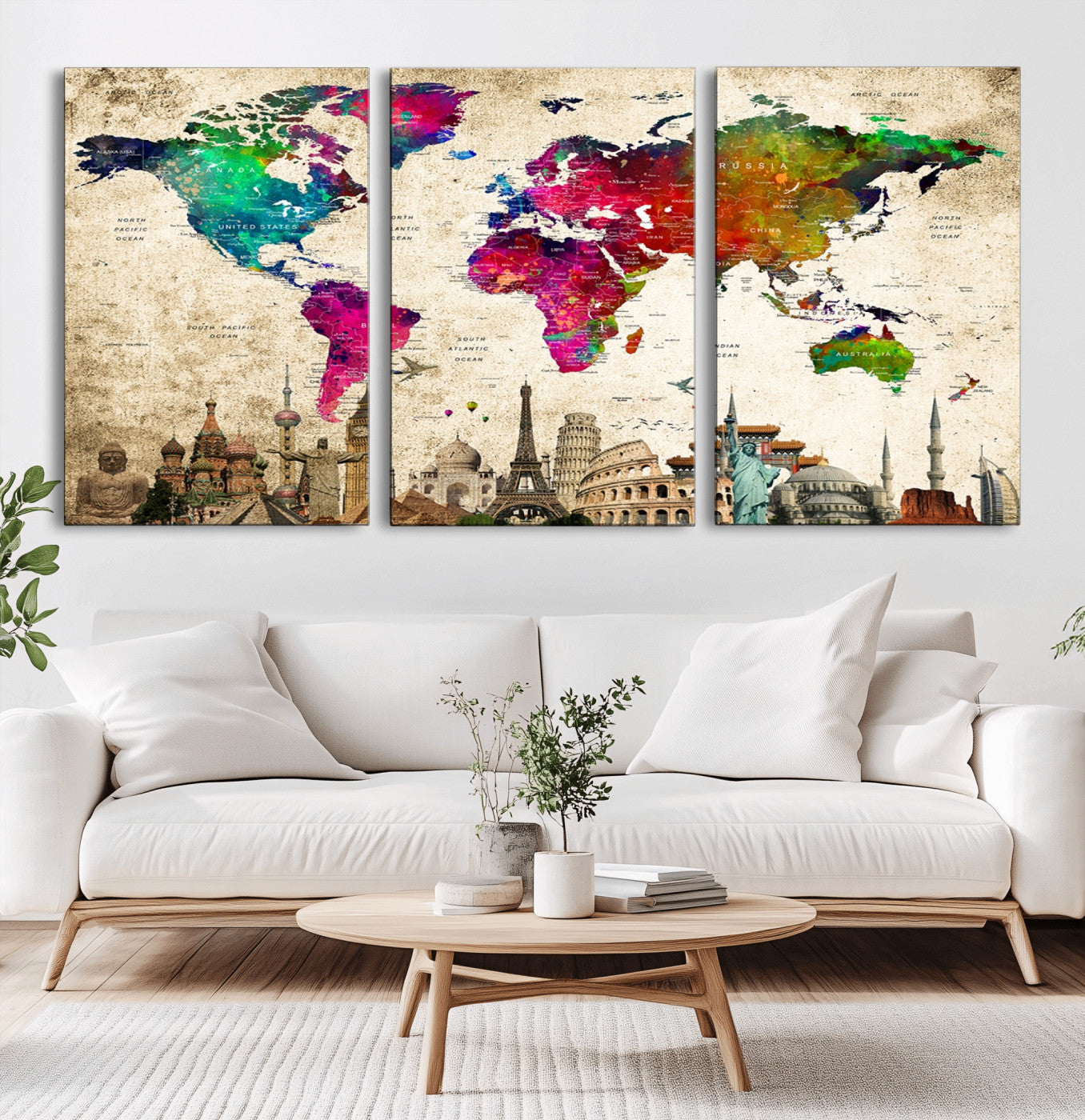 MGV-CV-60X30-3P - Push Pin World Map Canvas Print – Framed Wall Art for Couples to Track Their Travels – Anniversary