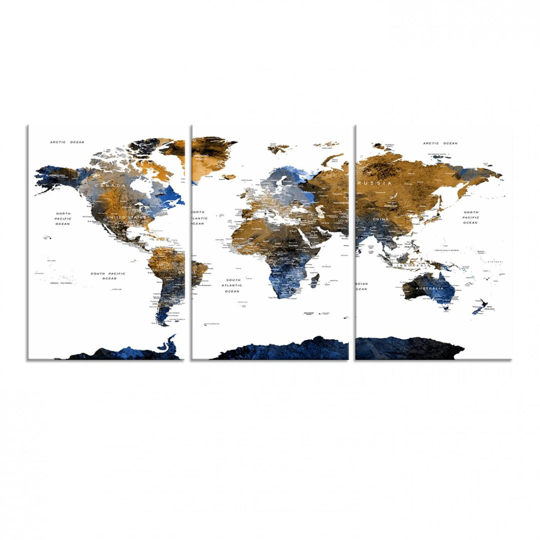 The Watercolor World Map Canvas showcases a grunge-stained background in gold, gray, and blue hues.