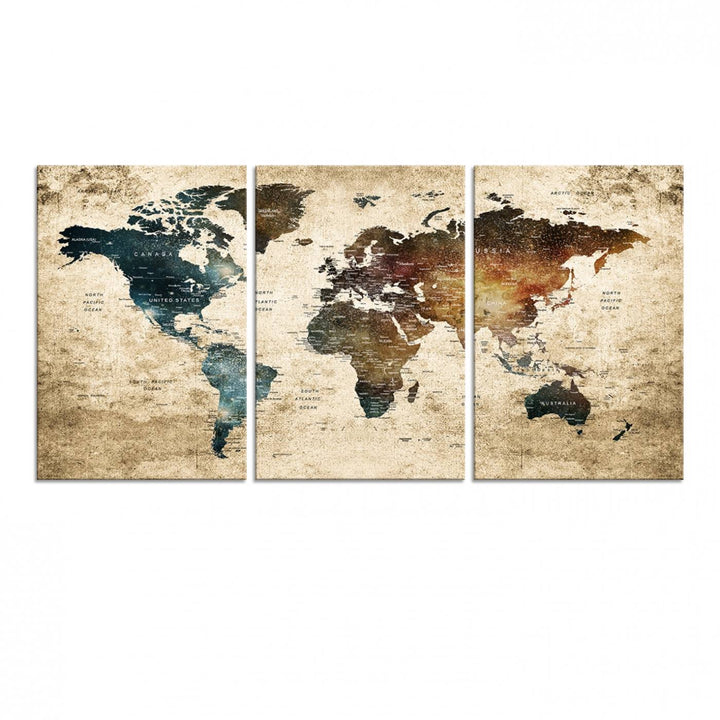 Grunge World Map Canvas featuring earth-toned continents, suitable for study, office, or living room.