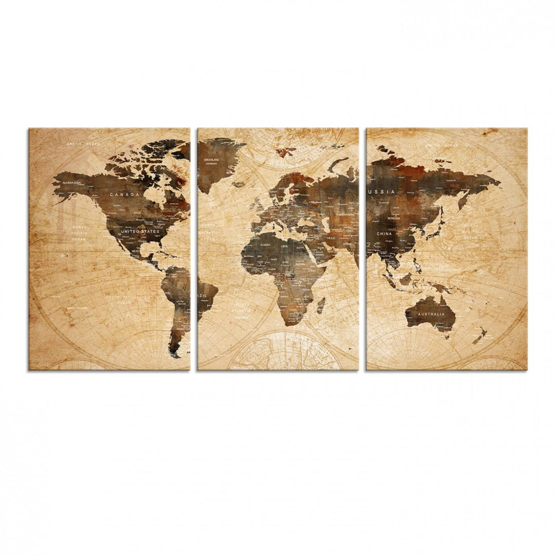Vintage World Map: 3-Panel Canvas Print in antique rustic style. Framed and gallery wrapped. Ideal for decor.