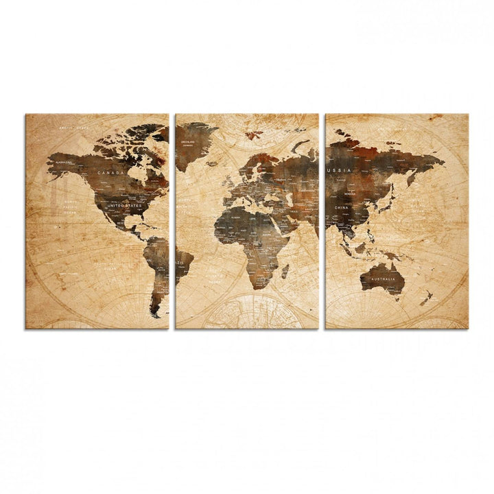 Vintage World Map: 3-Panel Canvas Print in antique rustic style. Framed and gallery wrapped. Ideal for decor.