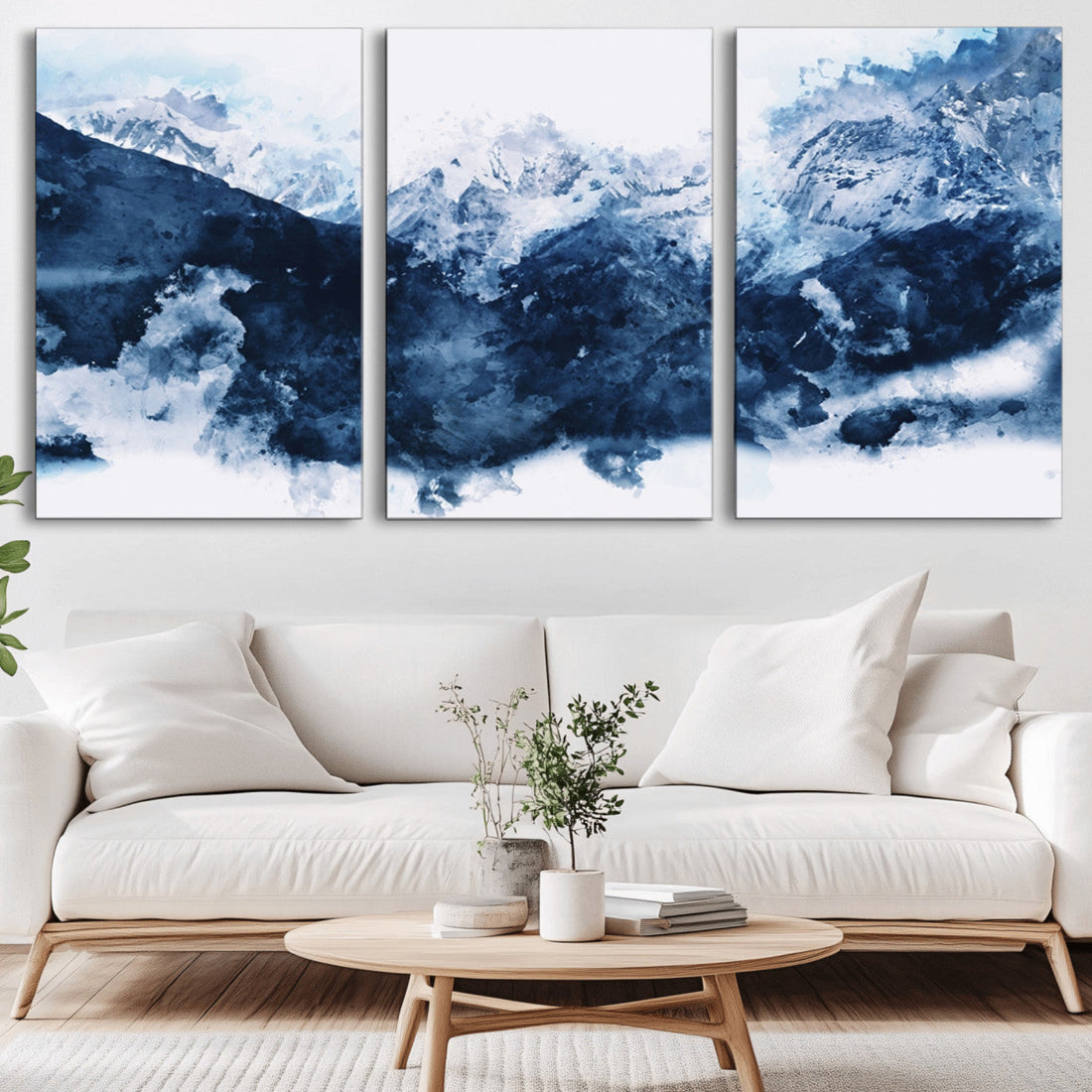 Abstract Blue Mountain Canvas Wall Art | Modern Triptych Landscape Print
