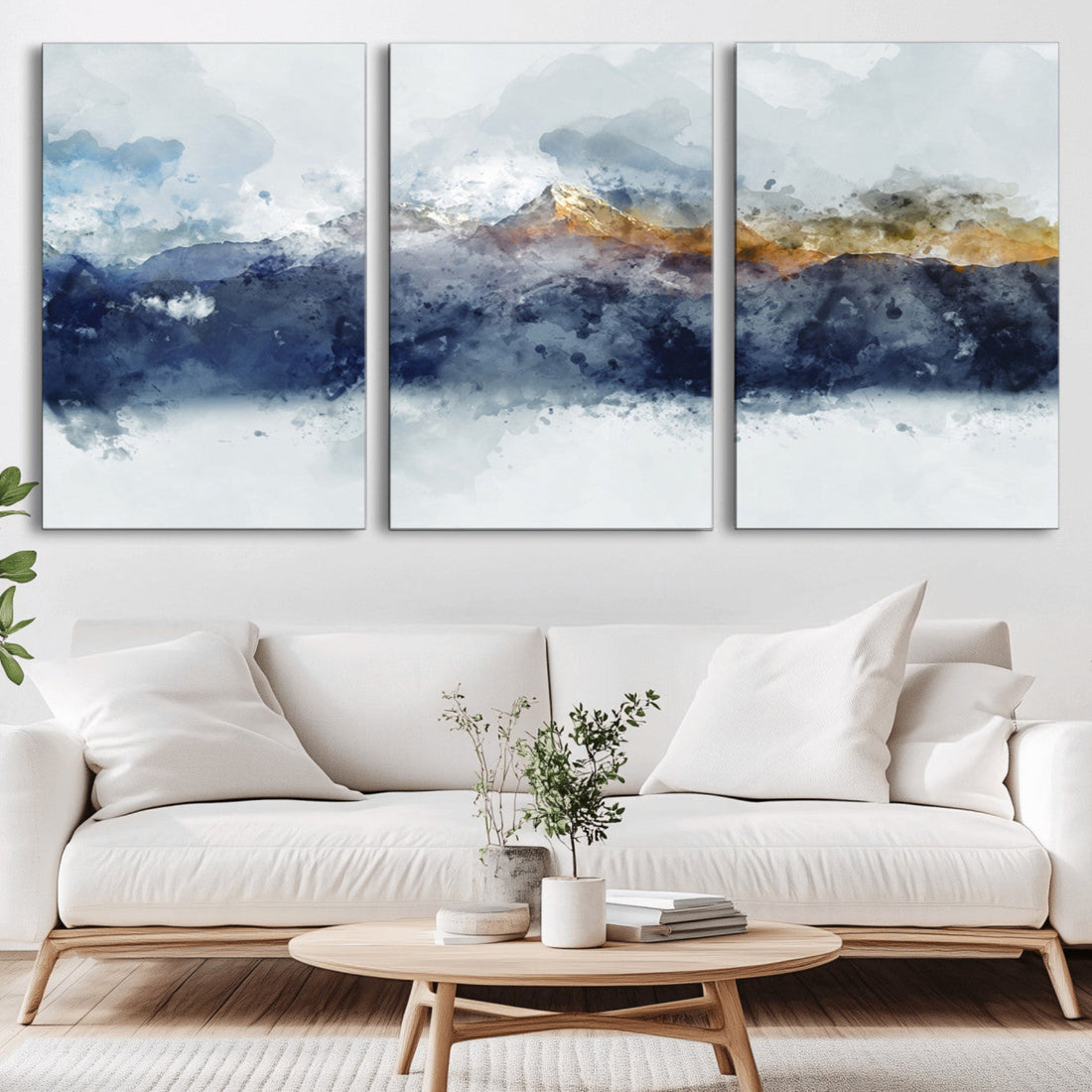 Abstract Mountain Range Art Canvas Print | 3 Panel Blue and Orange Watercolor Landscape