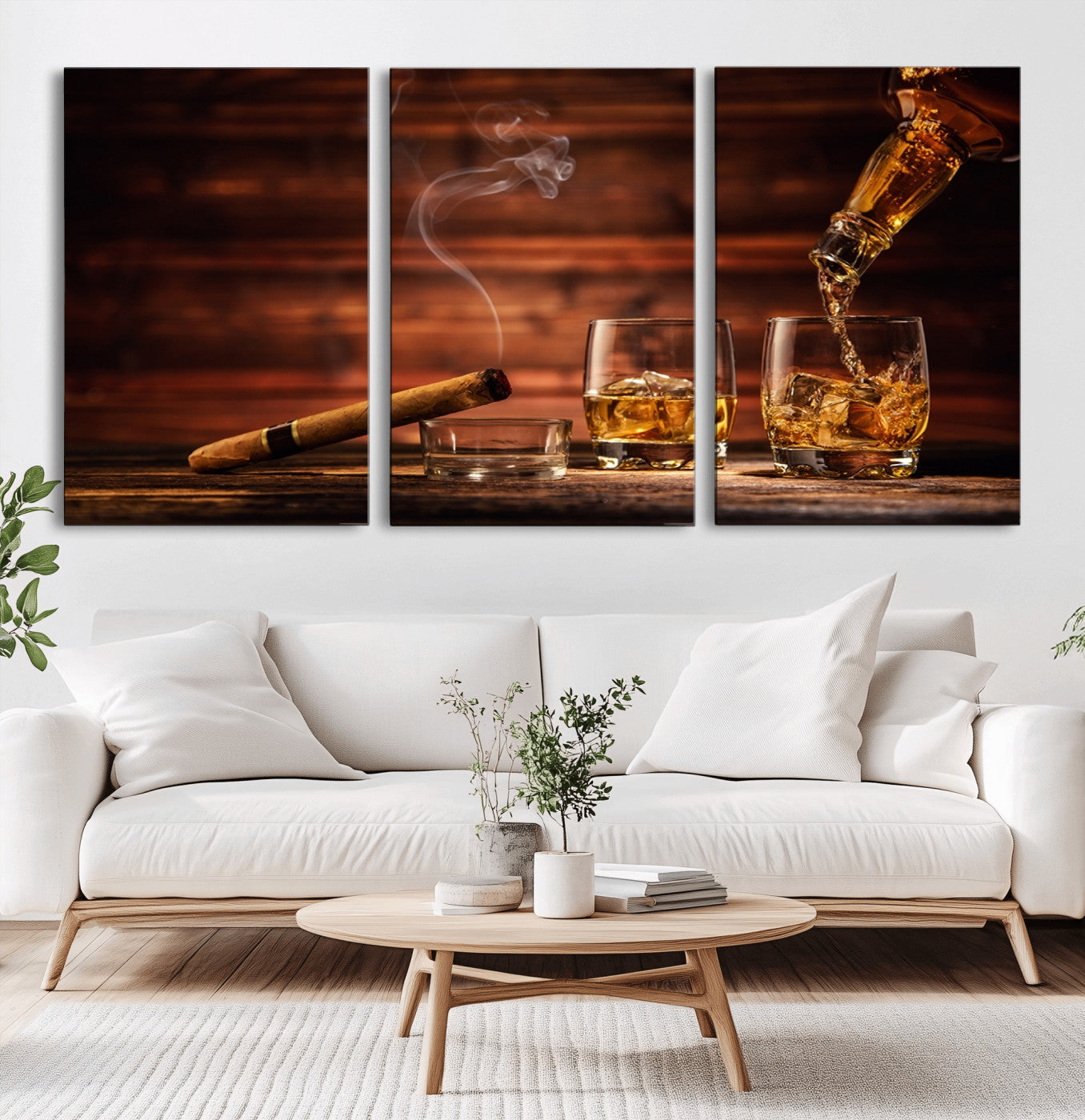 MGV-CV-60X30-3P - Whiskey and Cigar Wall Art Canvas | 3 Panel Bar Room Decor for Home Lounge, Office, or Man Cave |
