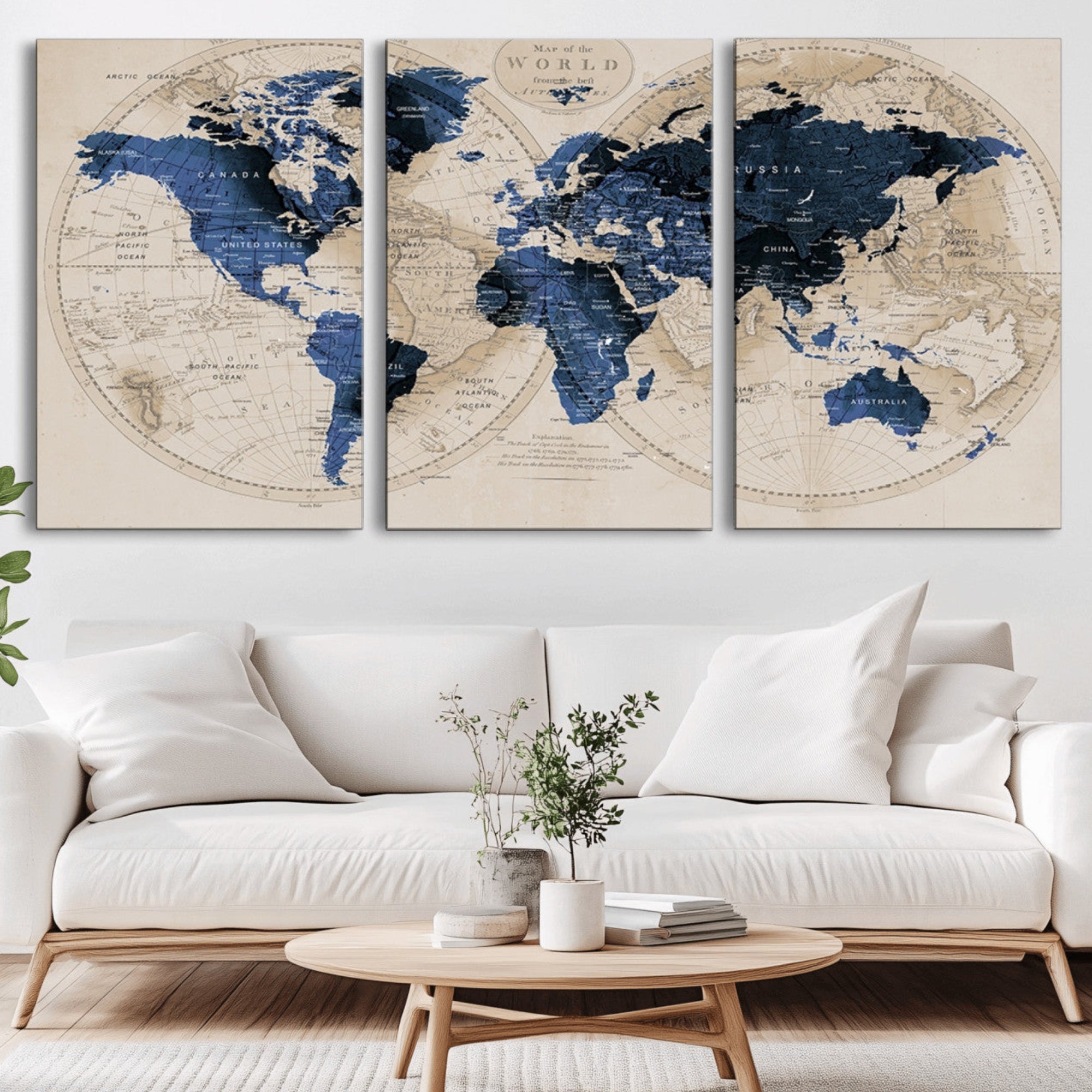 67444-MGV-CV-36X24-Vintage Blue World Map Canvas Wall Art – Antique Style Framed Map Print, Elegant Travel Decor for Home Office or Study