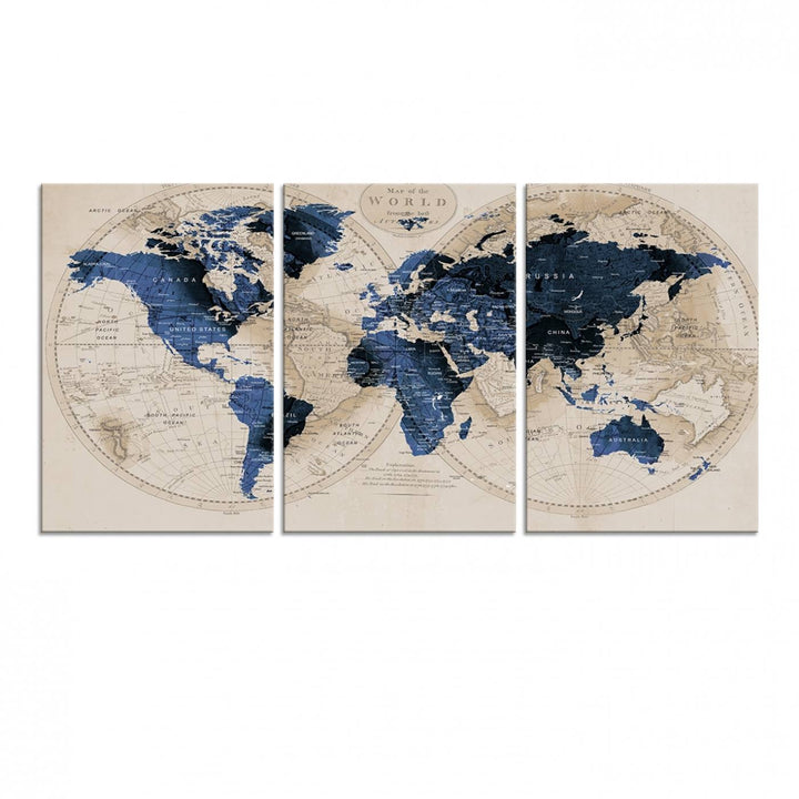 The Vintage Triptych Map Print is a grunge-stained blue and beige world map, perfect for enhancing wall decor.