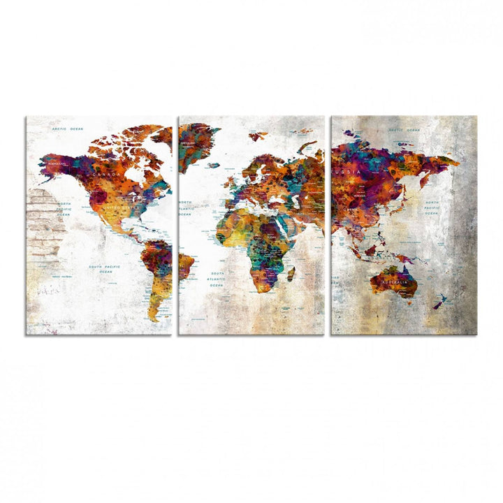 A vibrant Grunge Map Canvas Wall Art Set (3 Panels) for home or office decor, perfect for travel enthusiasts.