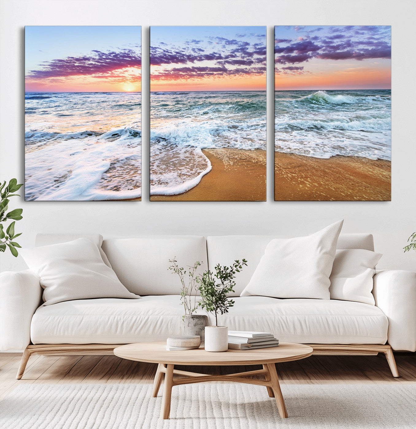 MGV-CV-60X30-3P - Coastal Sunset Art Beach Canvas Wall Art Print | Ocean Waves Wall Art | Large 3-Panel Seascape for