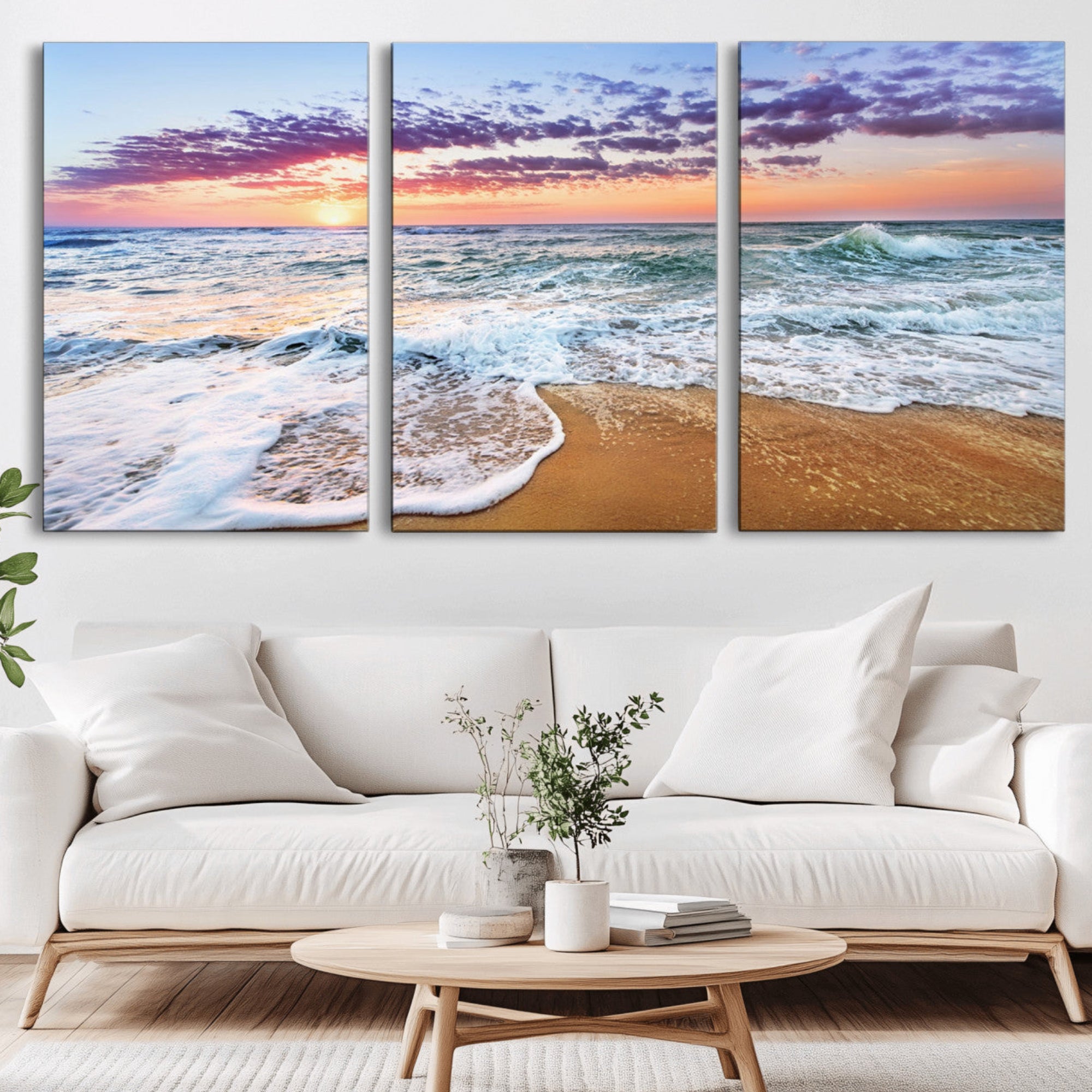 53006-MGV-CV-36X24-Coastal Sunset Art Beach Canvas Wall Art Print | Ocean Waves Wall Art | Large 3-Panel Seascape for
